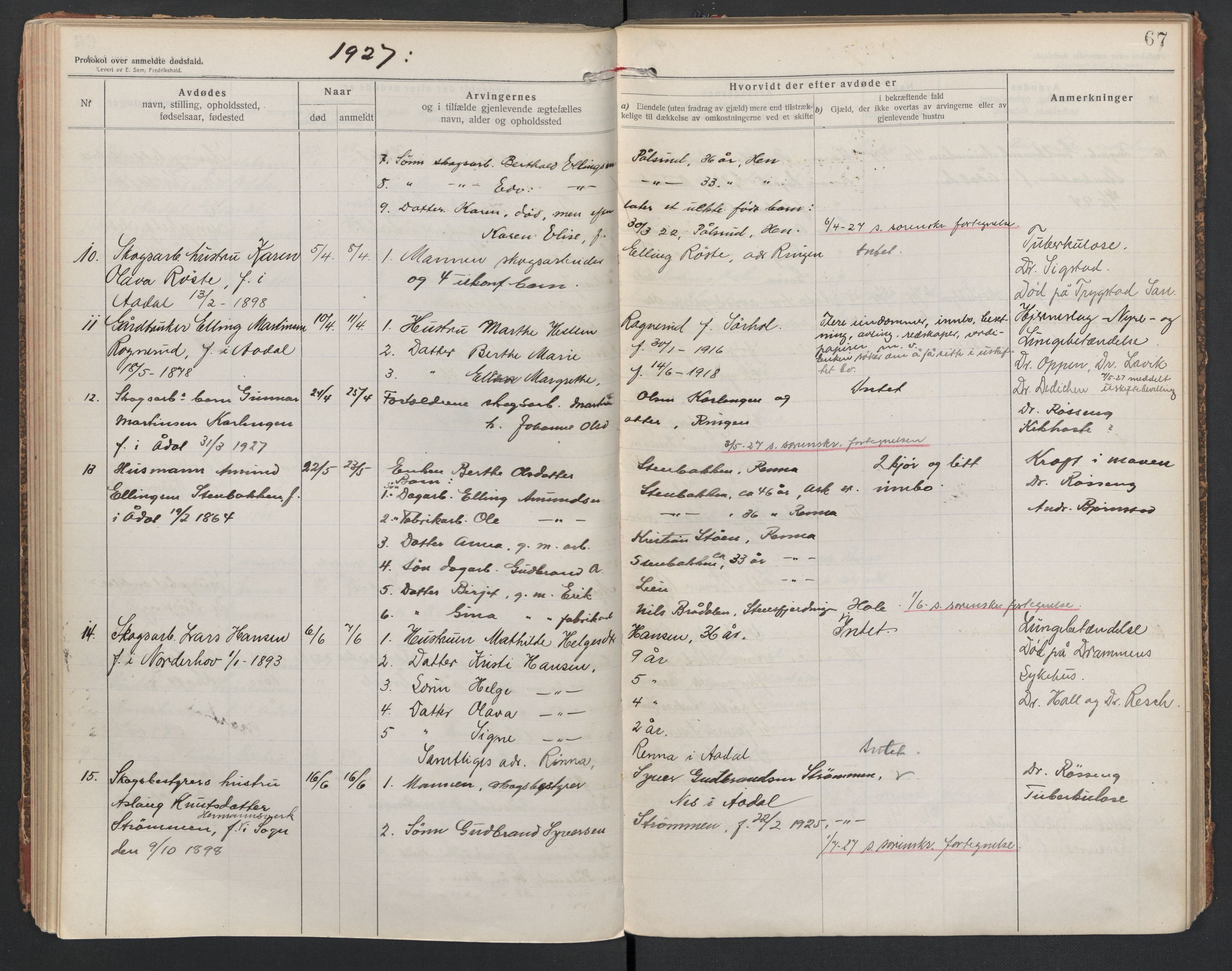 Ådal lensmannskontor, AV/SAKO-A-518/H/Ha/L0001/0002: Dødsfallsprotokoll  / Dødsfallsprotokoll 2, 1919-1942, p. 67