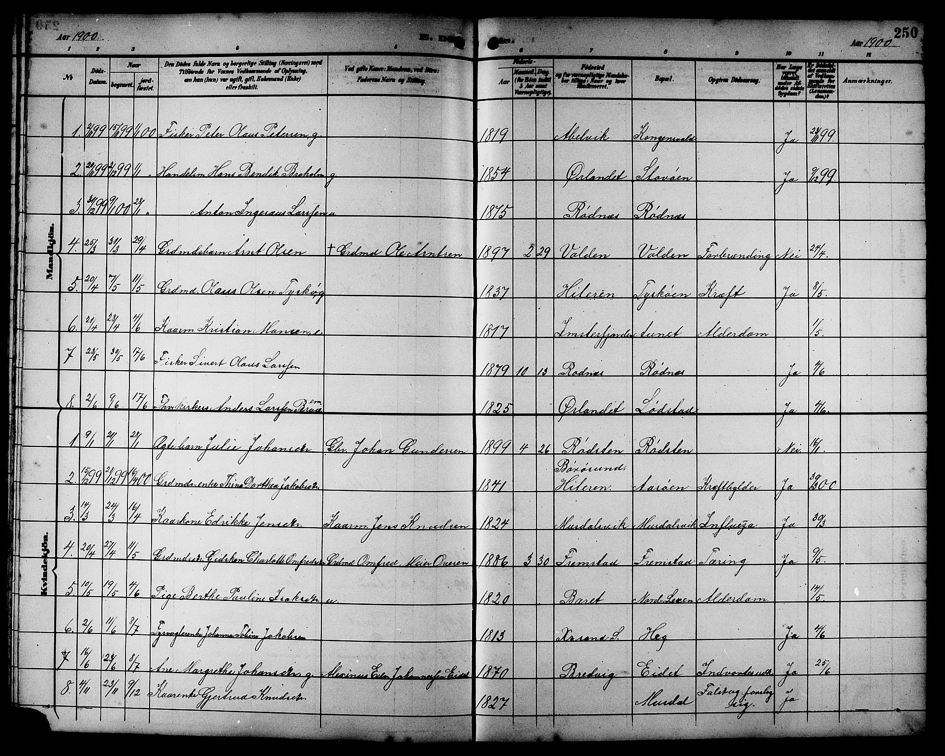 Ministerialprotokoller, klokkerbøker og fødselsregistre - Sør-Trøndelag, SAT/A-1456/662/L0757: Parish register (copy) no. 662C02, 1892-1918, p. 250