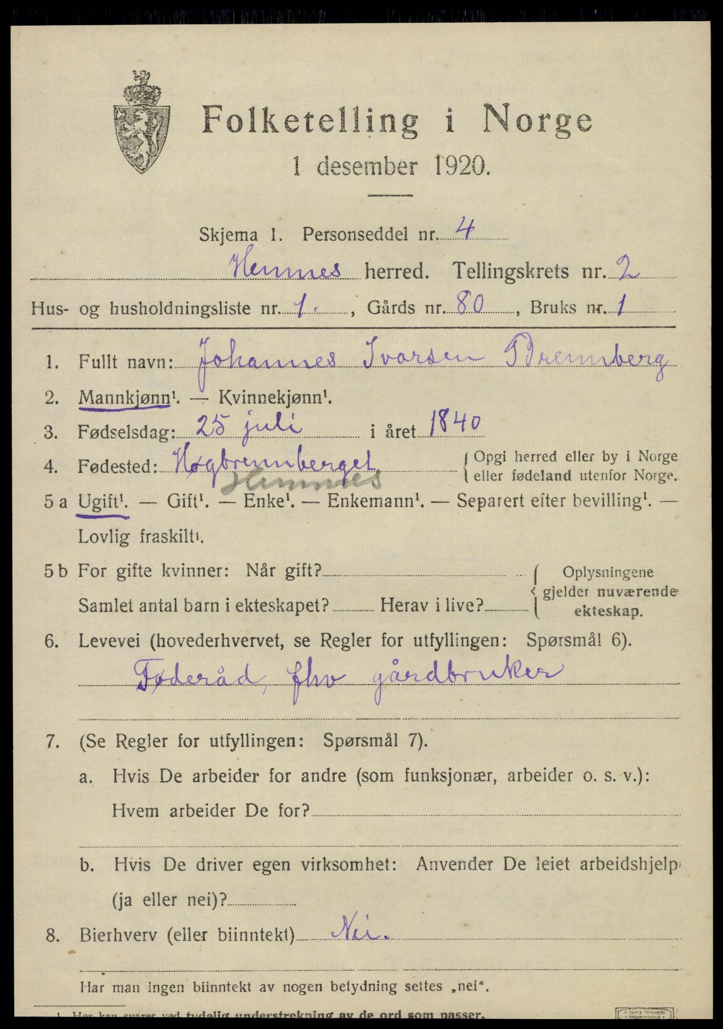 SAT, 1920 census for Hemnes, 1920, p. 3738