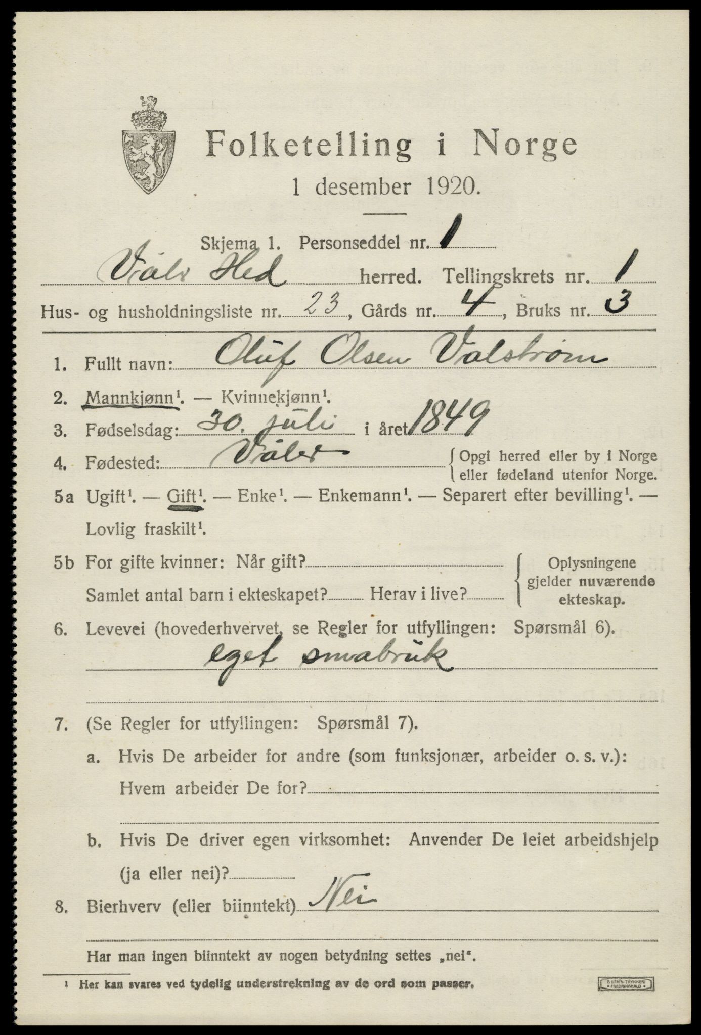 SAH, 1920 census for Våler (Hedmark), 1920, p. 1857