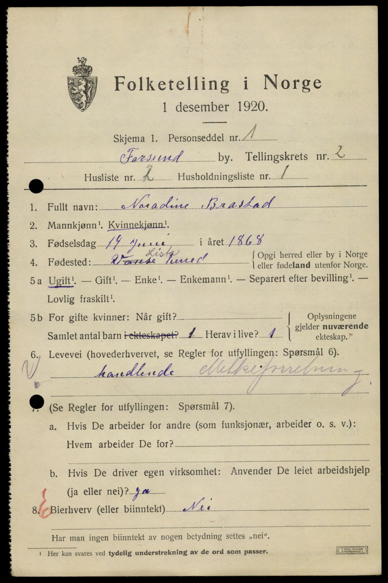 SAK, 1920 census for Farsund, 1920, p. 2569