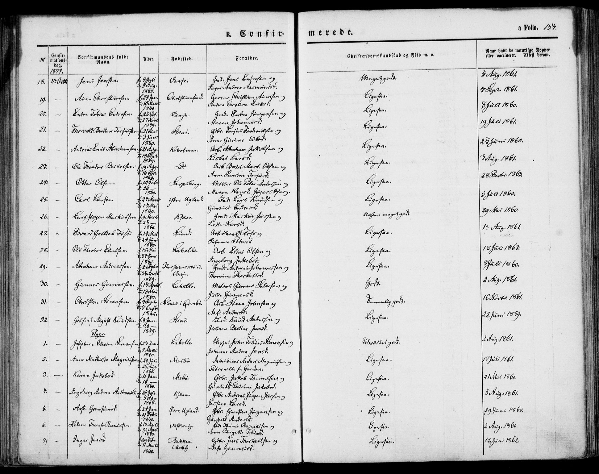 Oddernes sokneprestkontor, AV/SAK-1111-0033/F/Fa/Faa/L0008: Parish register (official) no. A 8, 1864-1880, p. 154