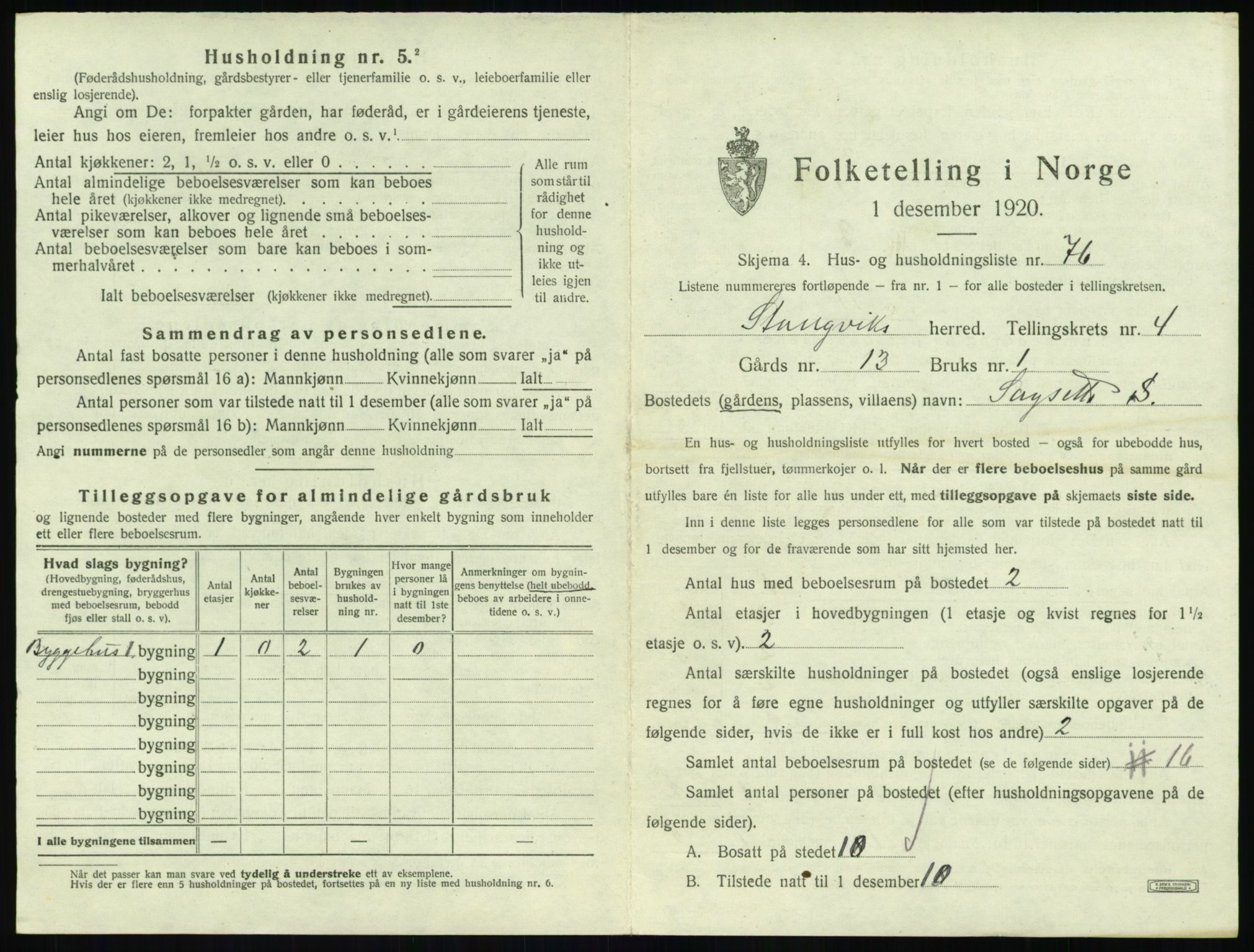 SAT, 1920 census for Stangvik, 1920, p. 454