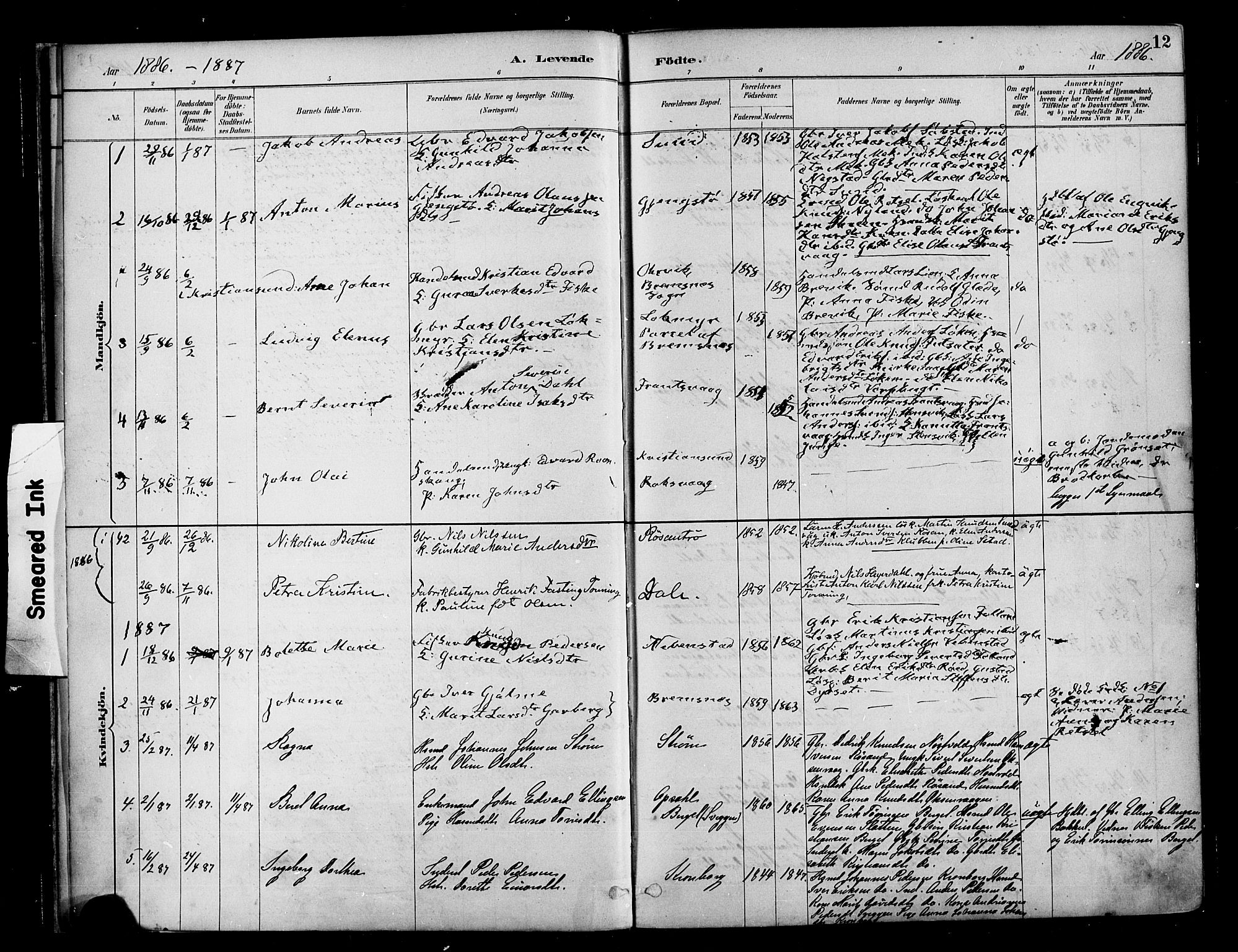 Ministerialprotokoller, klokkerbøker og fødselsregistre - Møre og Romsdal, SAT/A-1454/569/L0819: Parish register (official) no. 569A05, 1885-1899, p. 12