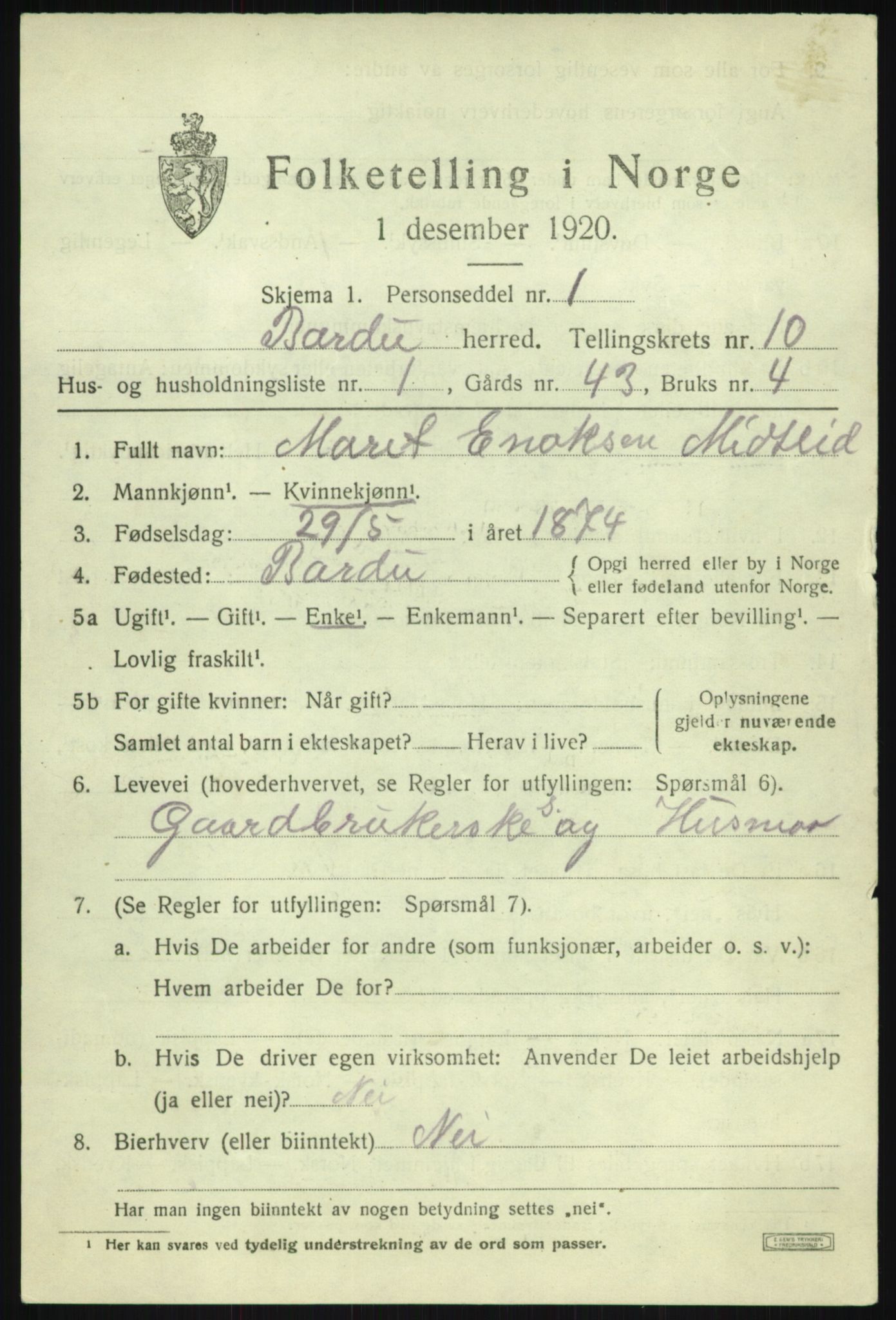 SATØ, 1920 census for Bardu, 1920, p. 3320