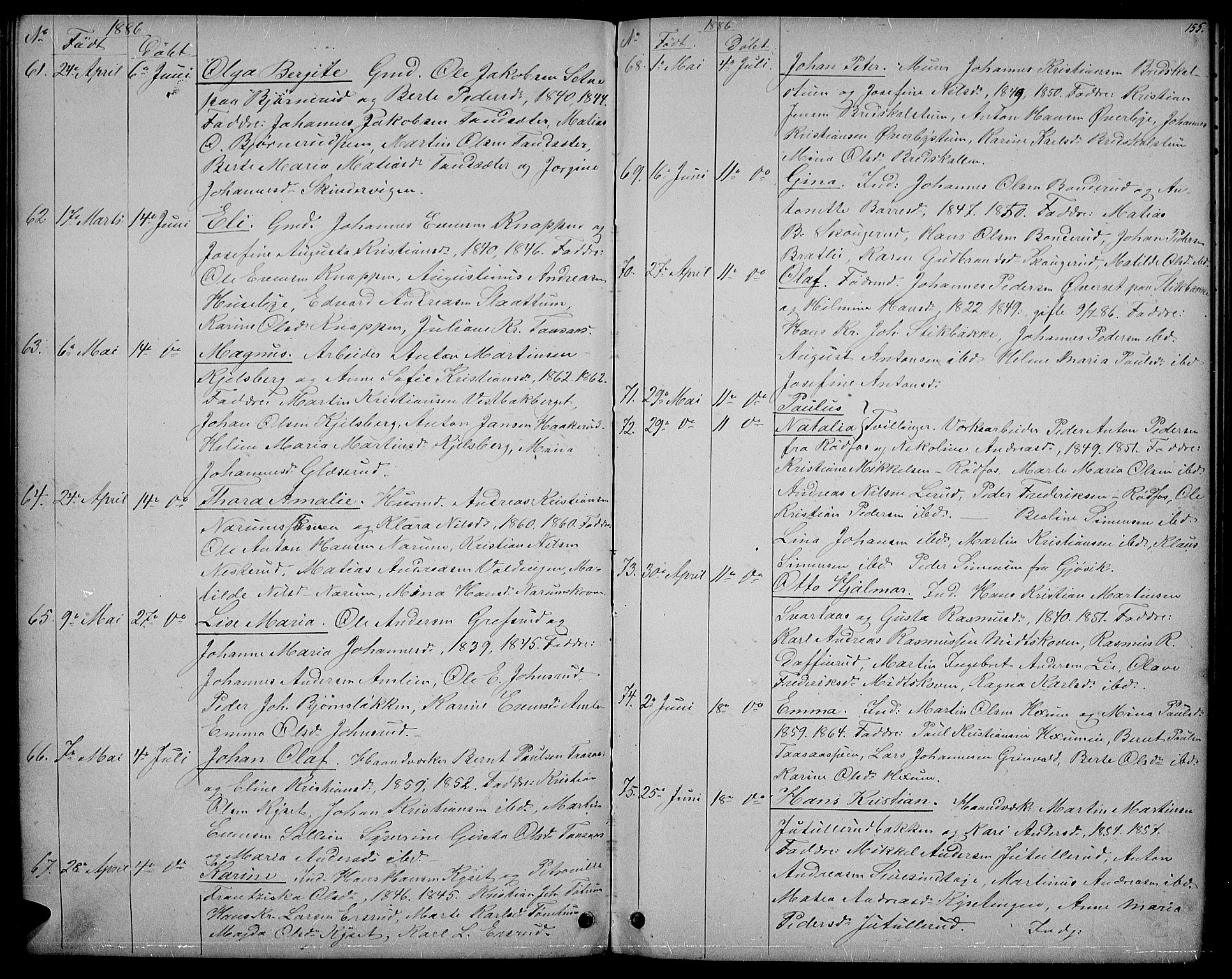 Vestre Toten prestekontor, AV/SAH-PREST-108/H/Ha/Hab/L0006: Parish register (copy) no. 6, 1870-1887, p. 155