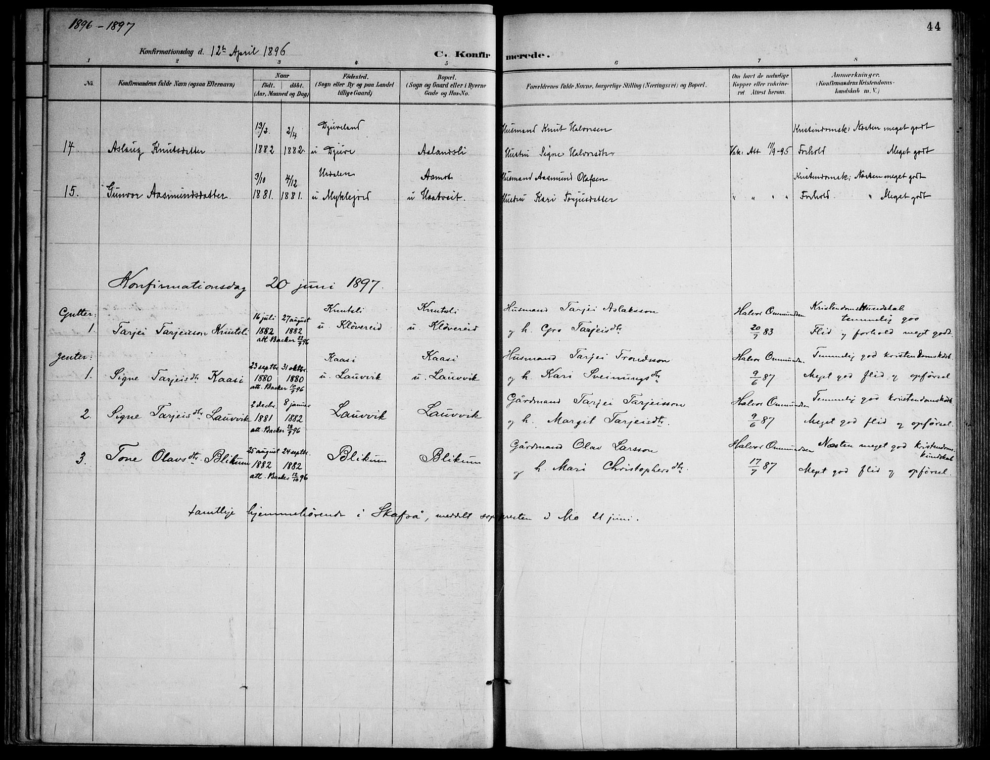 Lårdal kirkebøker, SAKO/A-284/F/Fa/L0007: Parish register (official) no. I 7, 1887-1906, p. 44