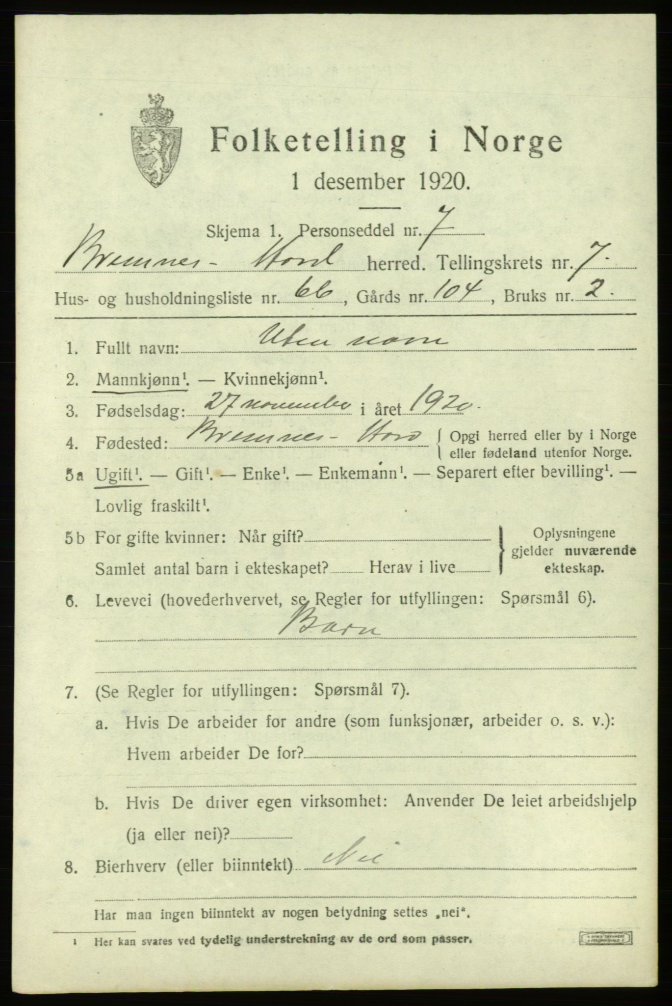 SAB, 1920 census for Bremnes, 1920, p. 4896