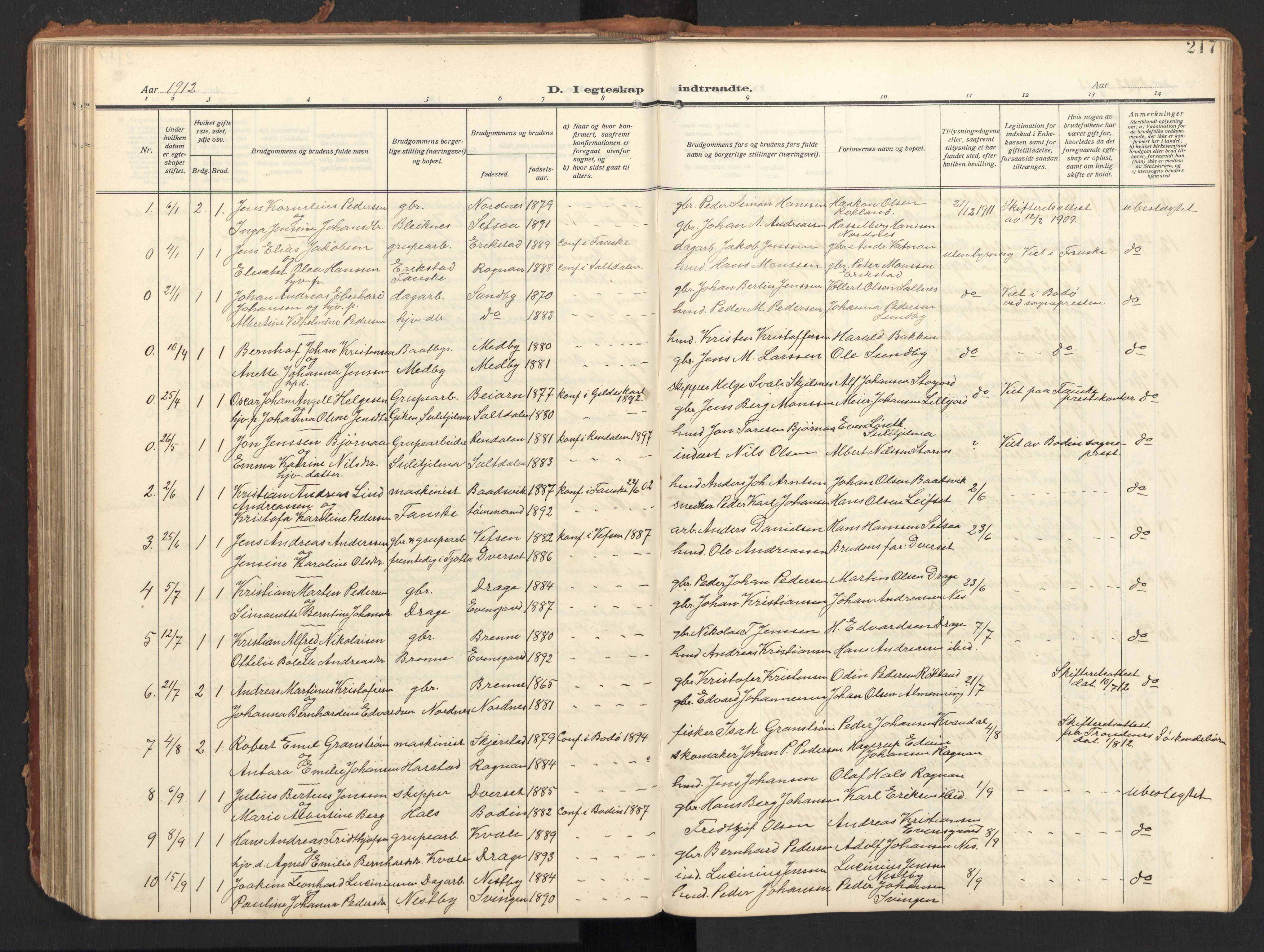 Ministerialprotokoller, klokkerbøker og fødselsregistre - Nordland, SAT/A-1459/847/L0683: Parish register (copy) no. 847C11, 1908-1929, p. 217