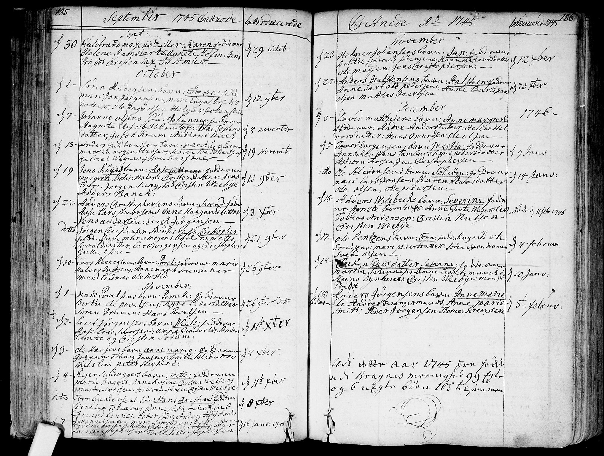 Bragernes kirkebøker, AV/SAKO-A-6/F/Fa/L0004: Parish register (official) no. I 4, 1734-1759, p. 185-186