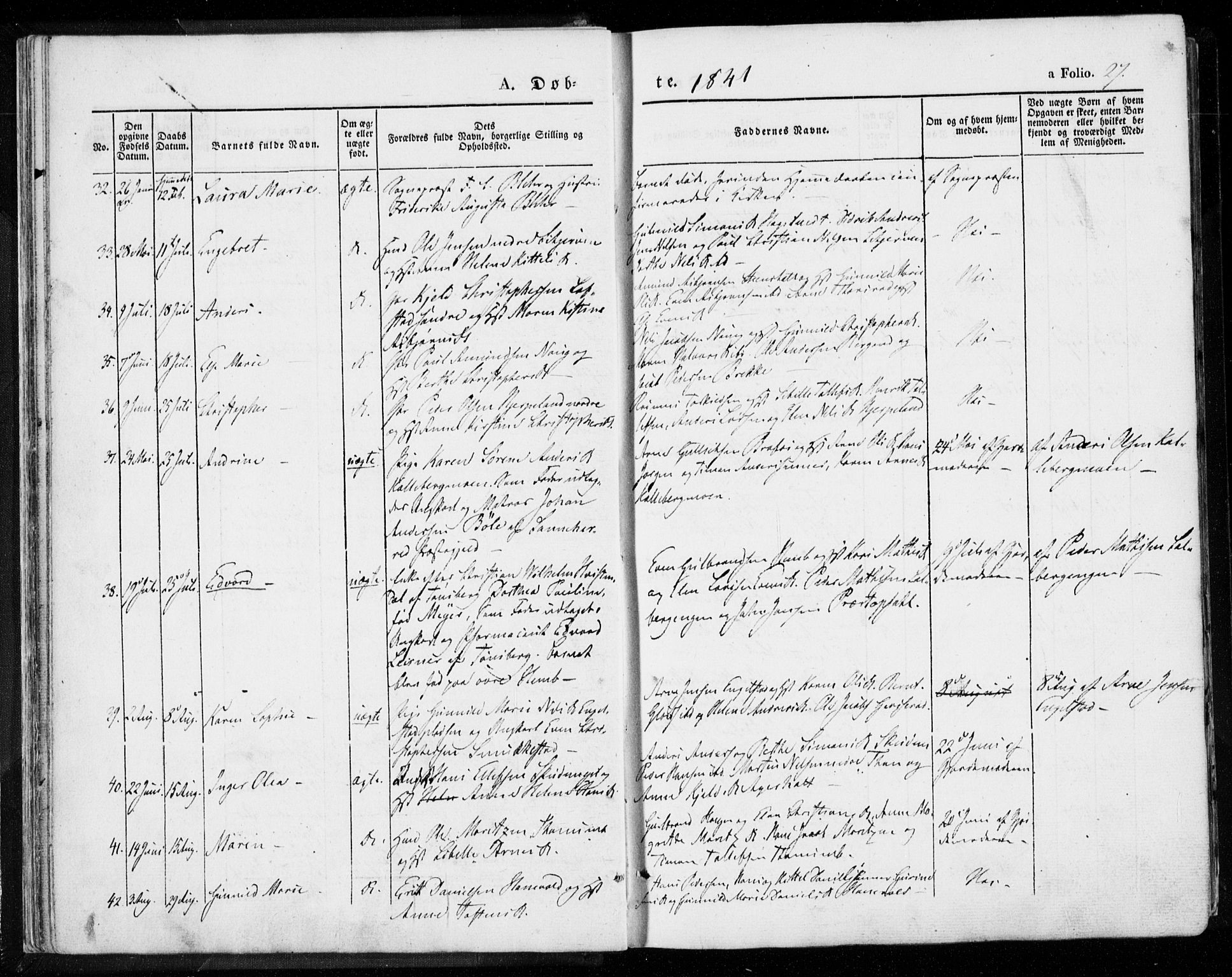 Lardal kirkebøker, AV/SAKO-A-350/F/Fa/L0006: Parish register (official) no. I 6, 1835-1860, p. 27