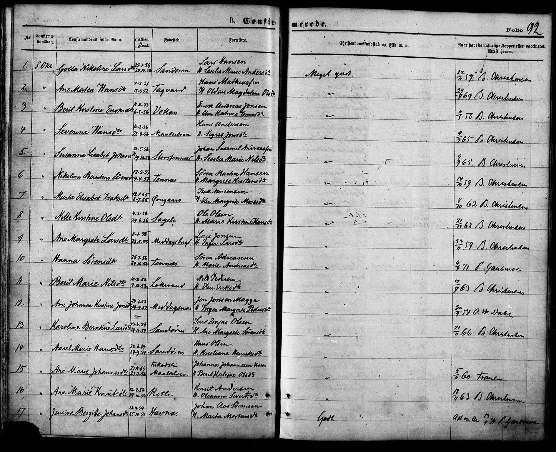 Balsfjord sokneprestembete, SATØ/S-1303/G/Ga/L0004kirke: Parish register (official) no. 4, 1871-1883, p. 92