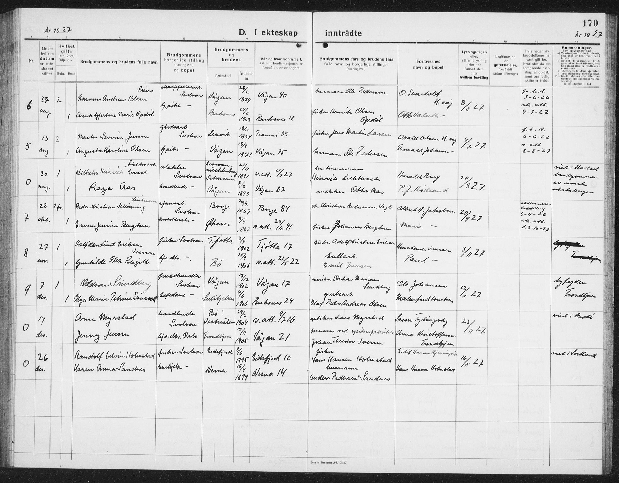 Ministerialprotokoller, klokkerbøker og fødselsregistre - Nordland, AV/SAT-A-1459/877/L1117: Parish register (copy) no. 877C01, 1923-1942, p. 170