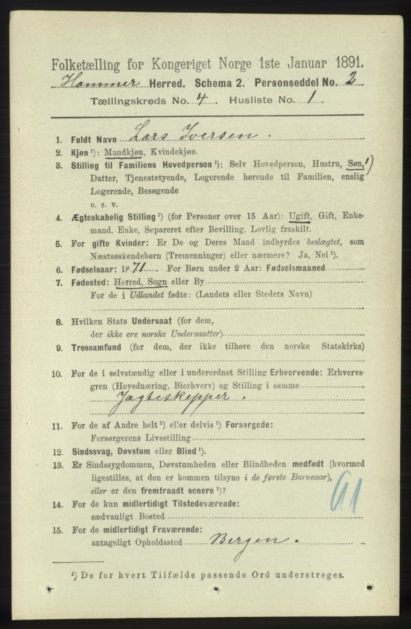 RA, 1891 census for 1254 Hamre, 1891, p. 931