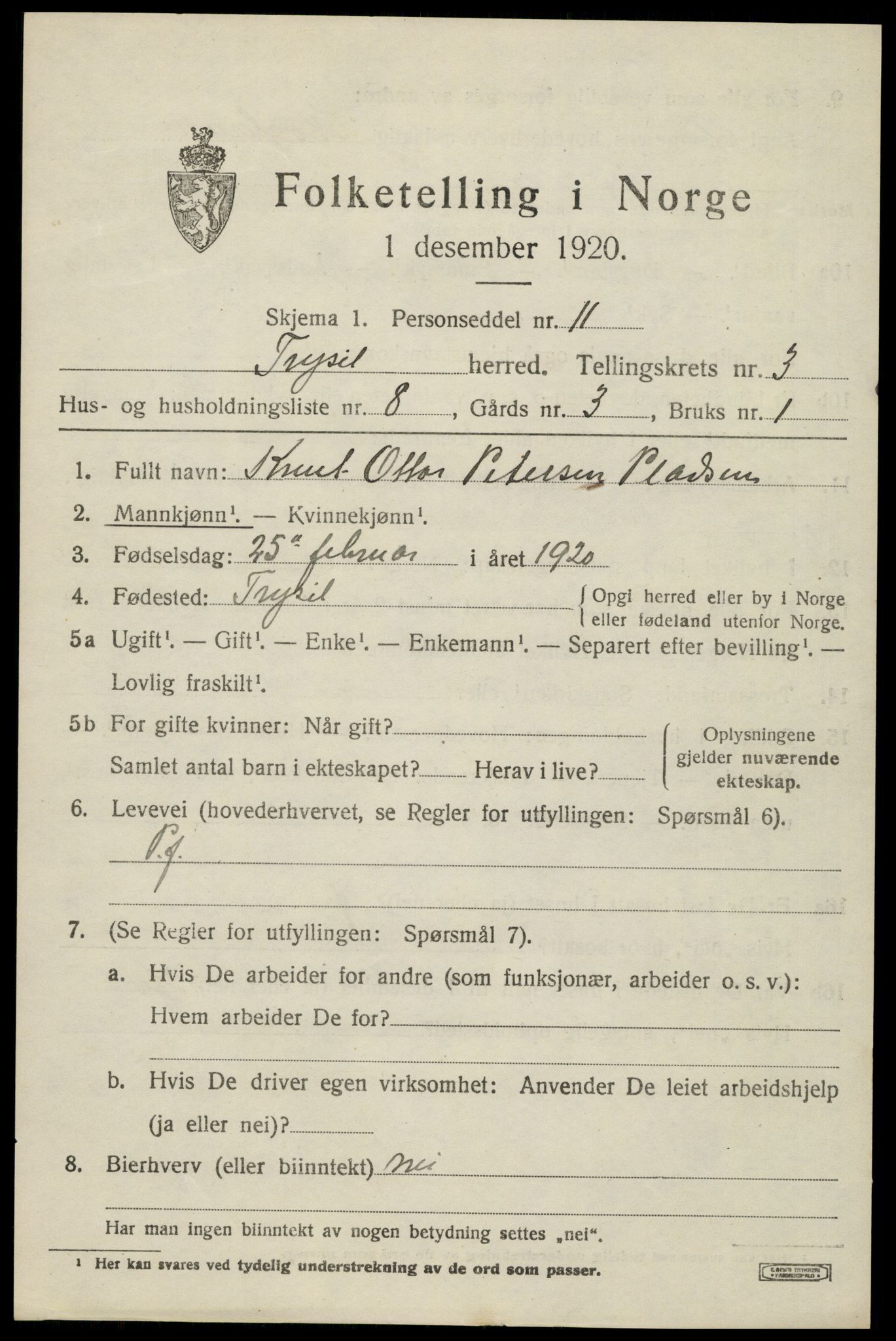 SAH, 1920 census for Trysil, 1920, p. 3585
