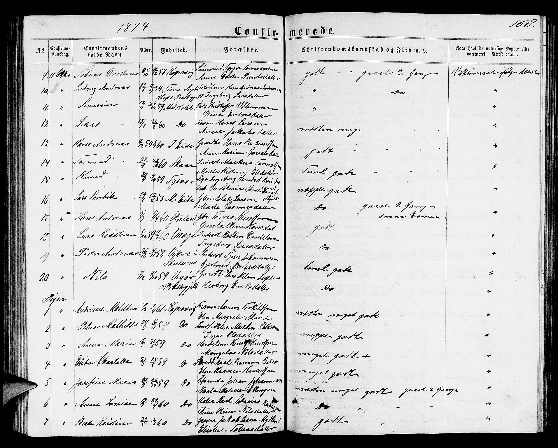 Avaldsnes sokneprestkontor, AV/SAST-A -101851/H/Ha/Hab/L0004: Parish register (copy) no. B 4, 1861-1876, p. 168