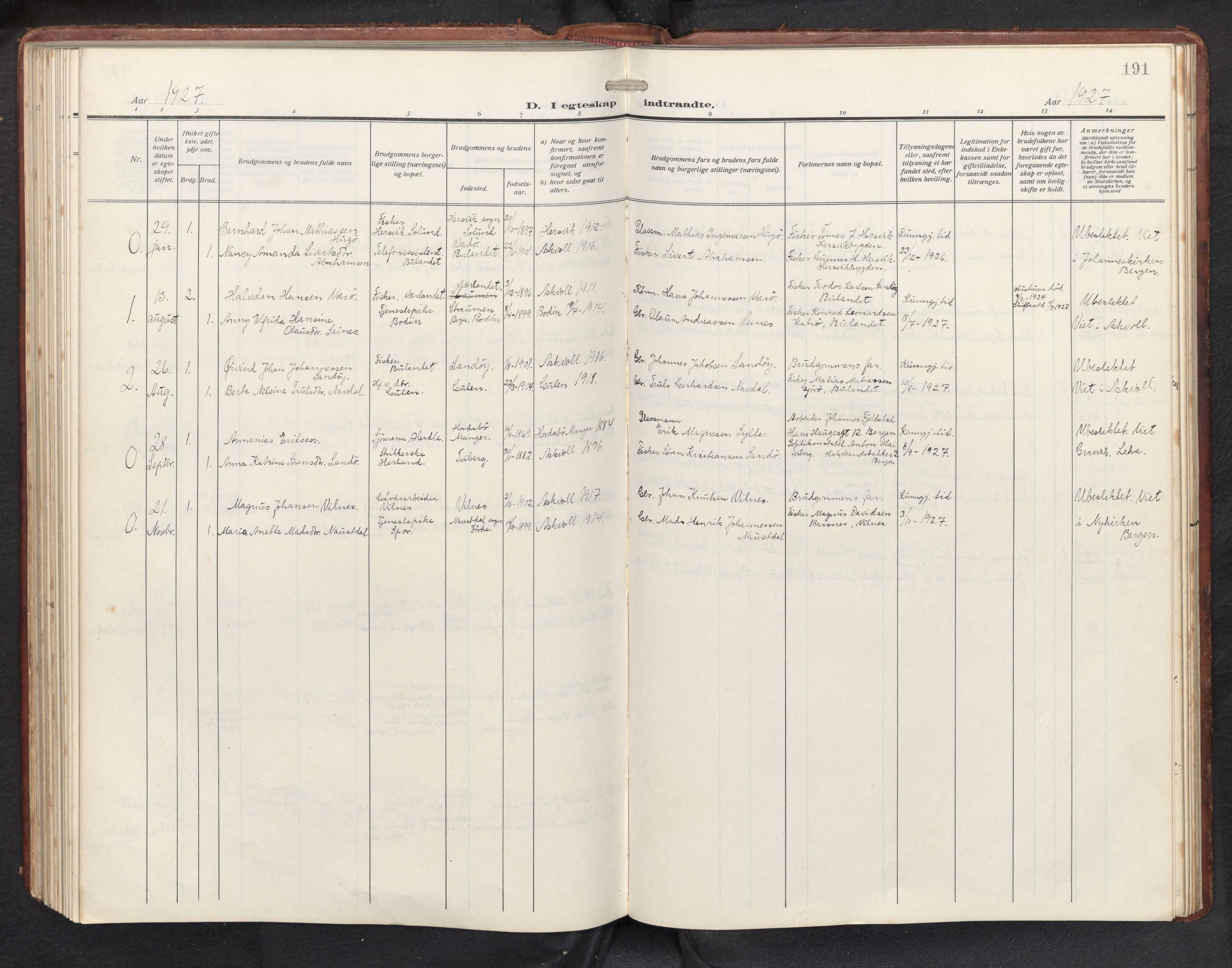 Askvoll sokneprestembete, SAB/A-79501/H/Hab/Habb/L0002: Parish register (copy) no. B 2, 1910-1947, p. 190b-191a