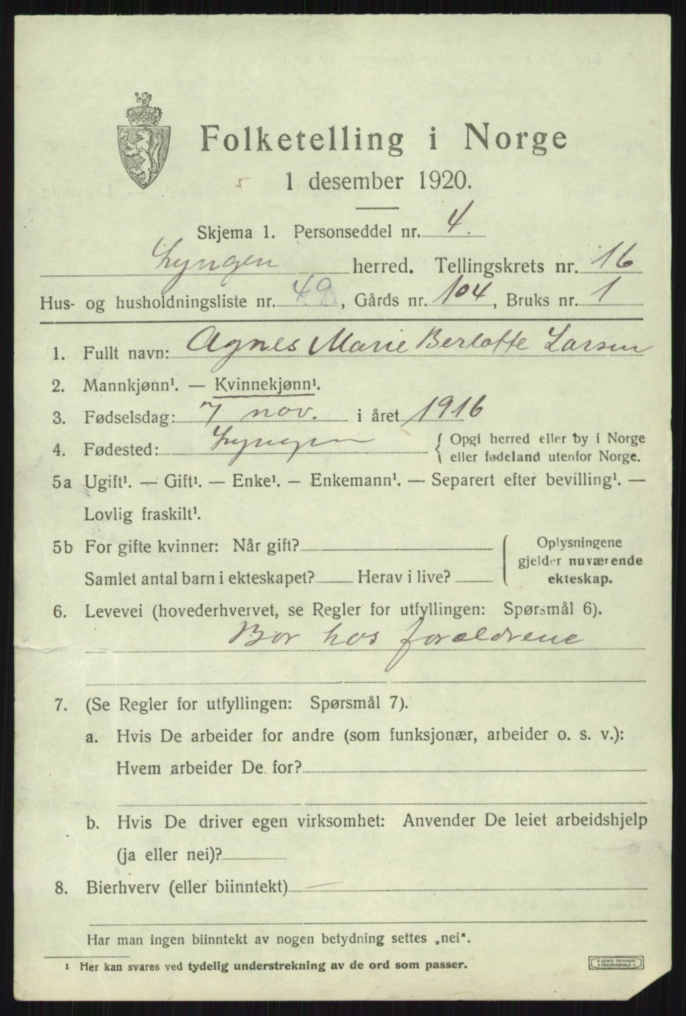 SATØ, 1920 census for Lyngen, 1920, p. 13875