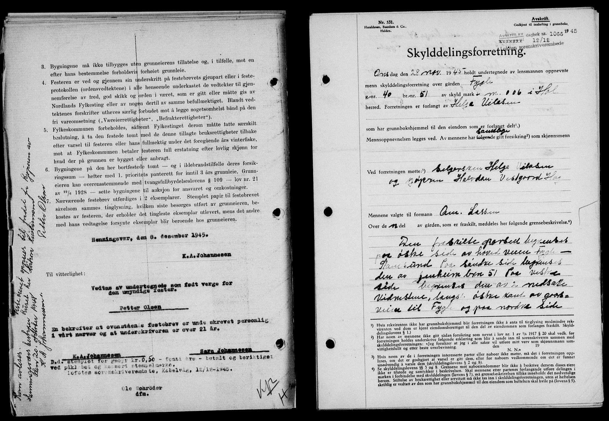 Lofoten sorenskriveri, SAT/A-0017/1/2/2C/L0013a: Mortgage book no. 13a, 1944-1946, Diary no: : 1066/1945