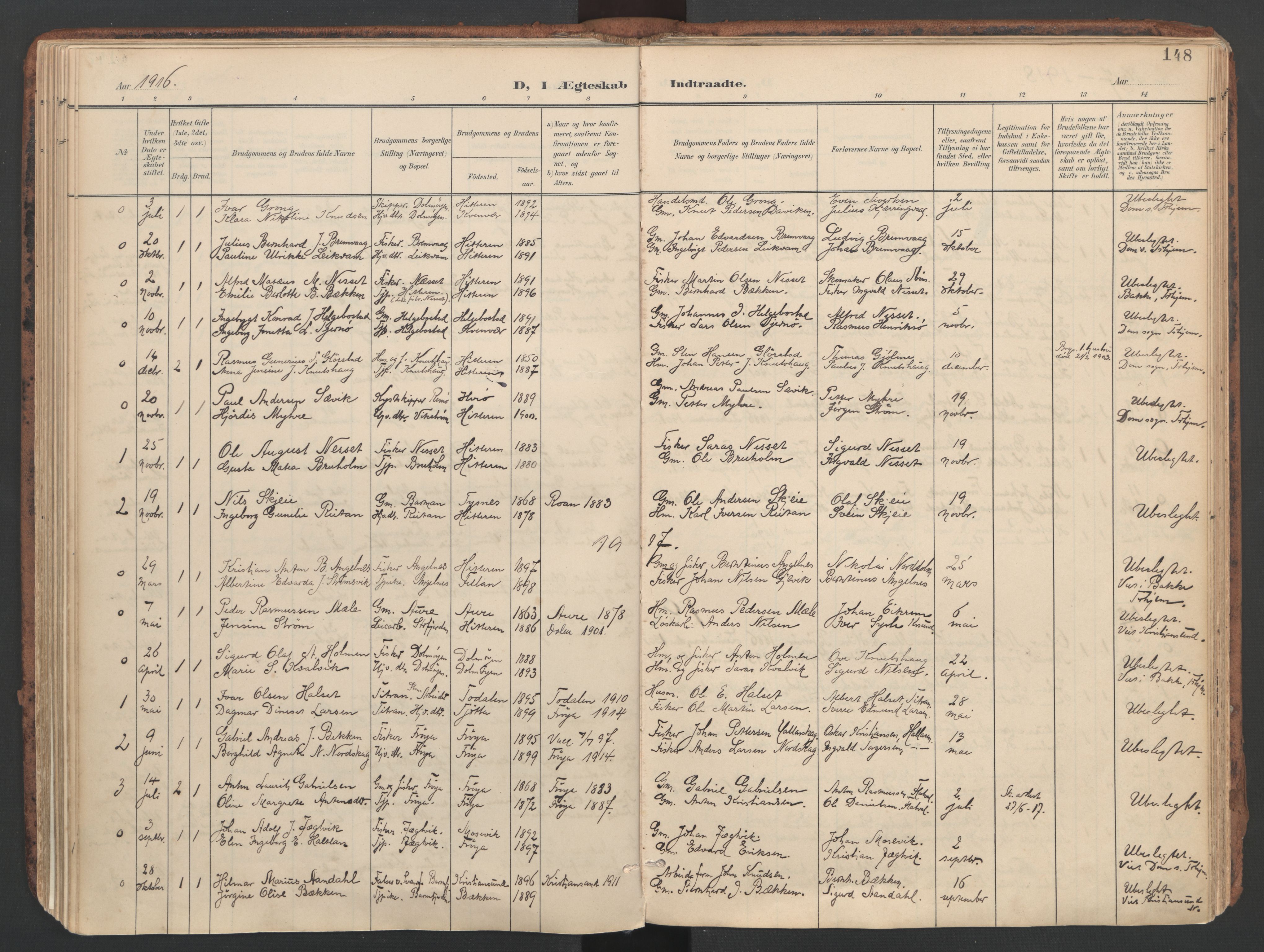 Ministerialprotokoller, klokkerbøker og fødselsregistre - Sør-Trøndelag, SAT/A-1456/634/L0537: Parish register (official) no. 634A13, 1896-1922, p. 148