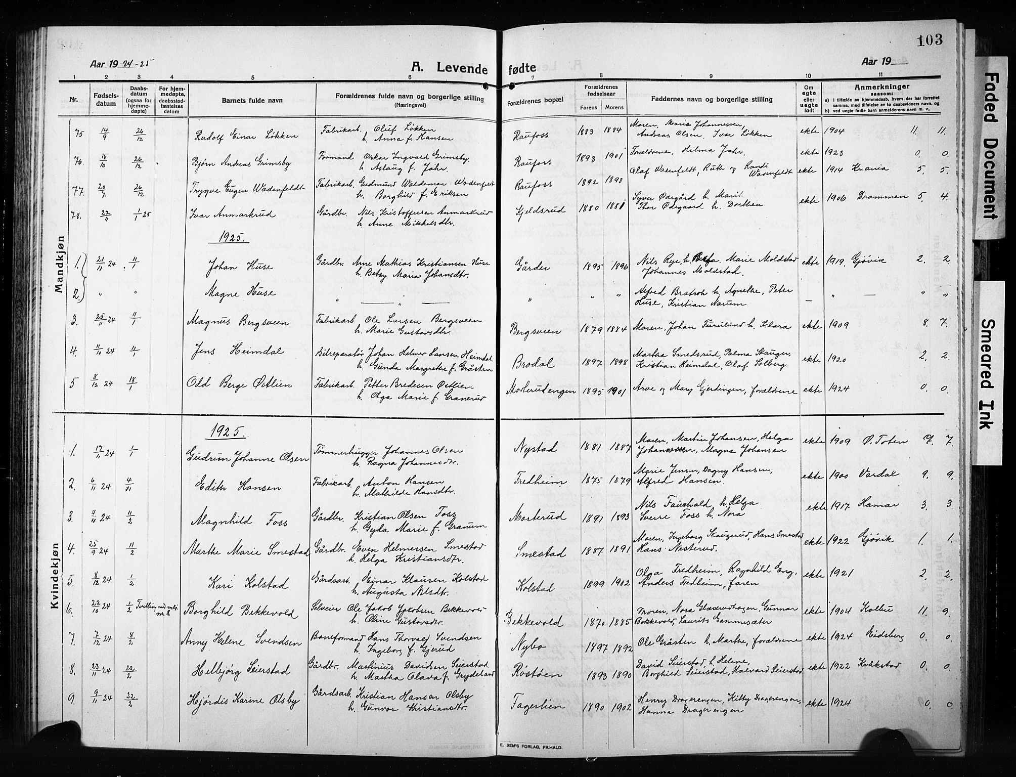 Vestre Toten prestekontor, AV/SAH-PREST-108/H/Ha/Hab/L0012: Parish register (copy) no. 12, 1909-1928, p. 103