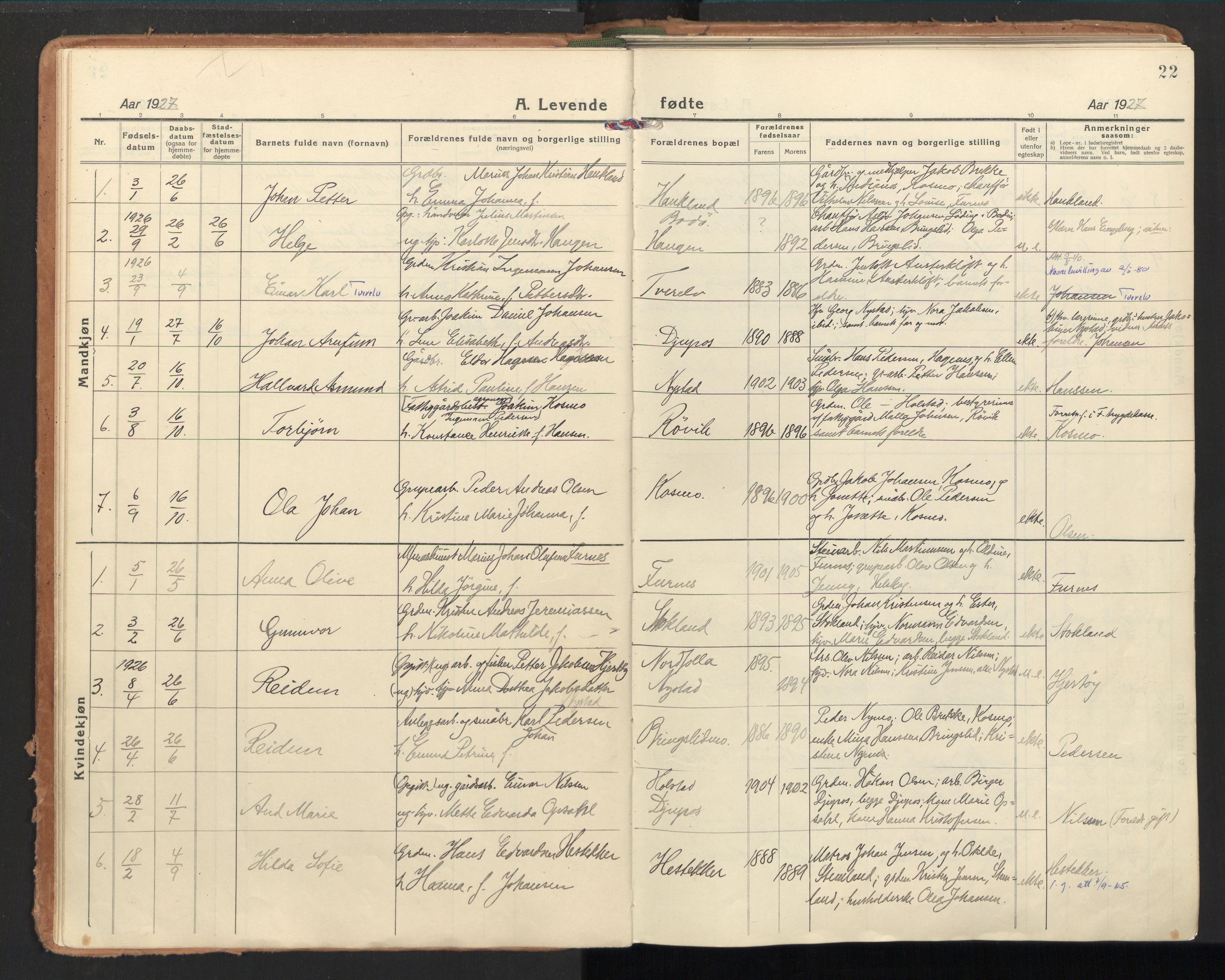 Ministerialprotokoller, klokkerbøker og fødselsregistre - Nordland, SAT/A-1459/851/L0725: Parish register (official) no. 851A02, 1922-1944, p. 22