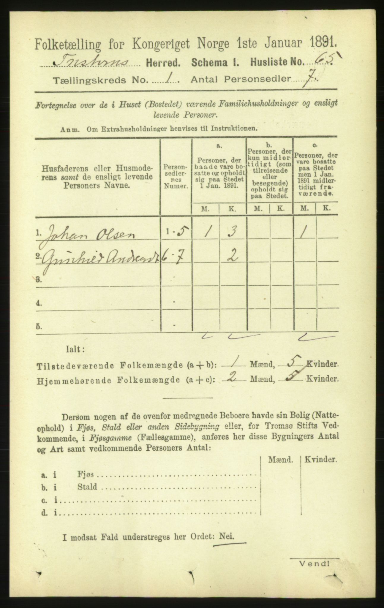 RA, 1891 census for 1572 Tustna, 1891, p. 85