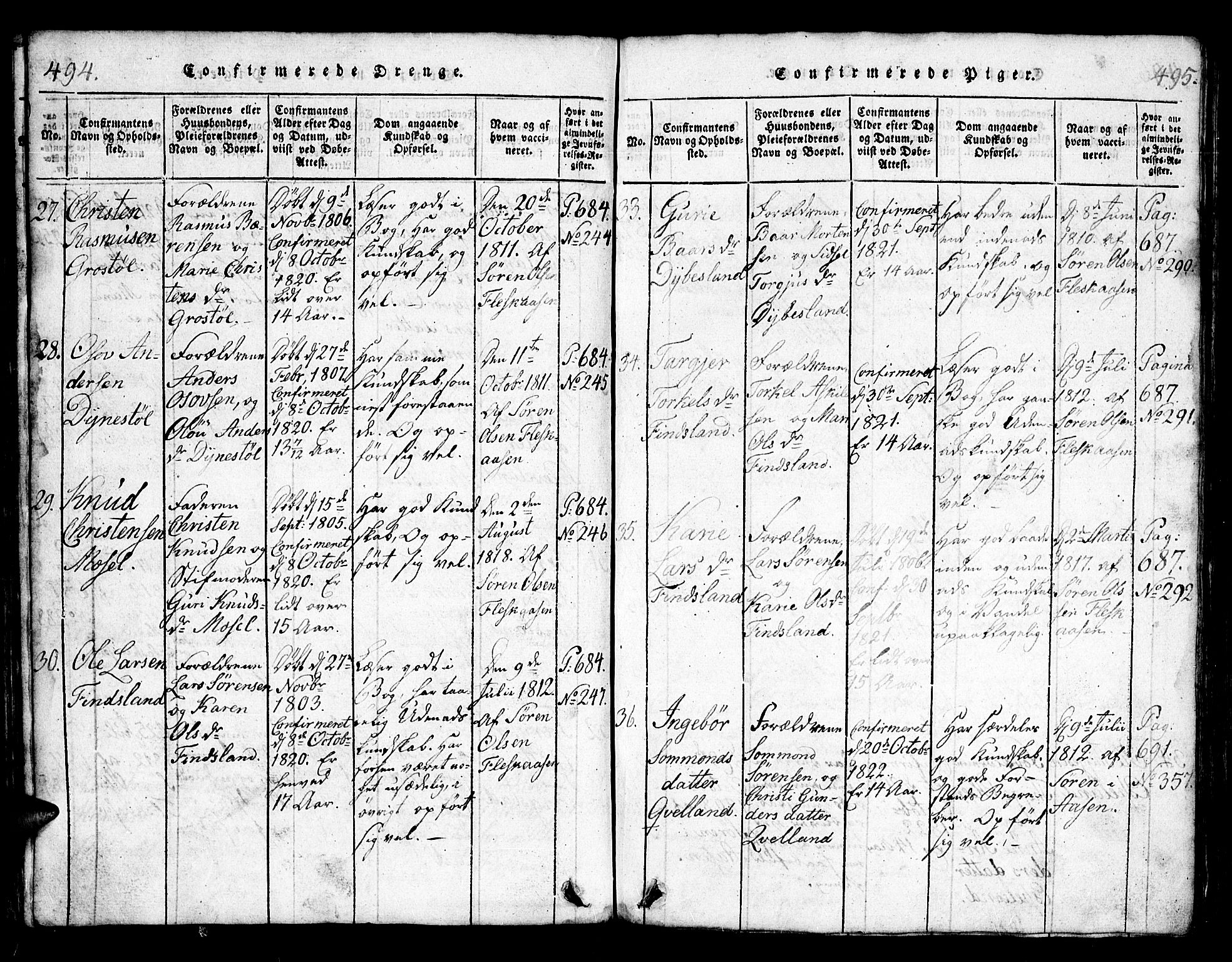 Bjelland sokneprestkontor, SAK/1111-0005/F/Fb/Fbb/L0003: Parish register (copy) no. B 3, 1816-1868, p. 494-495