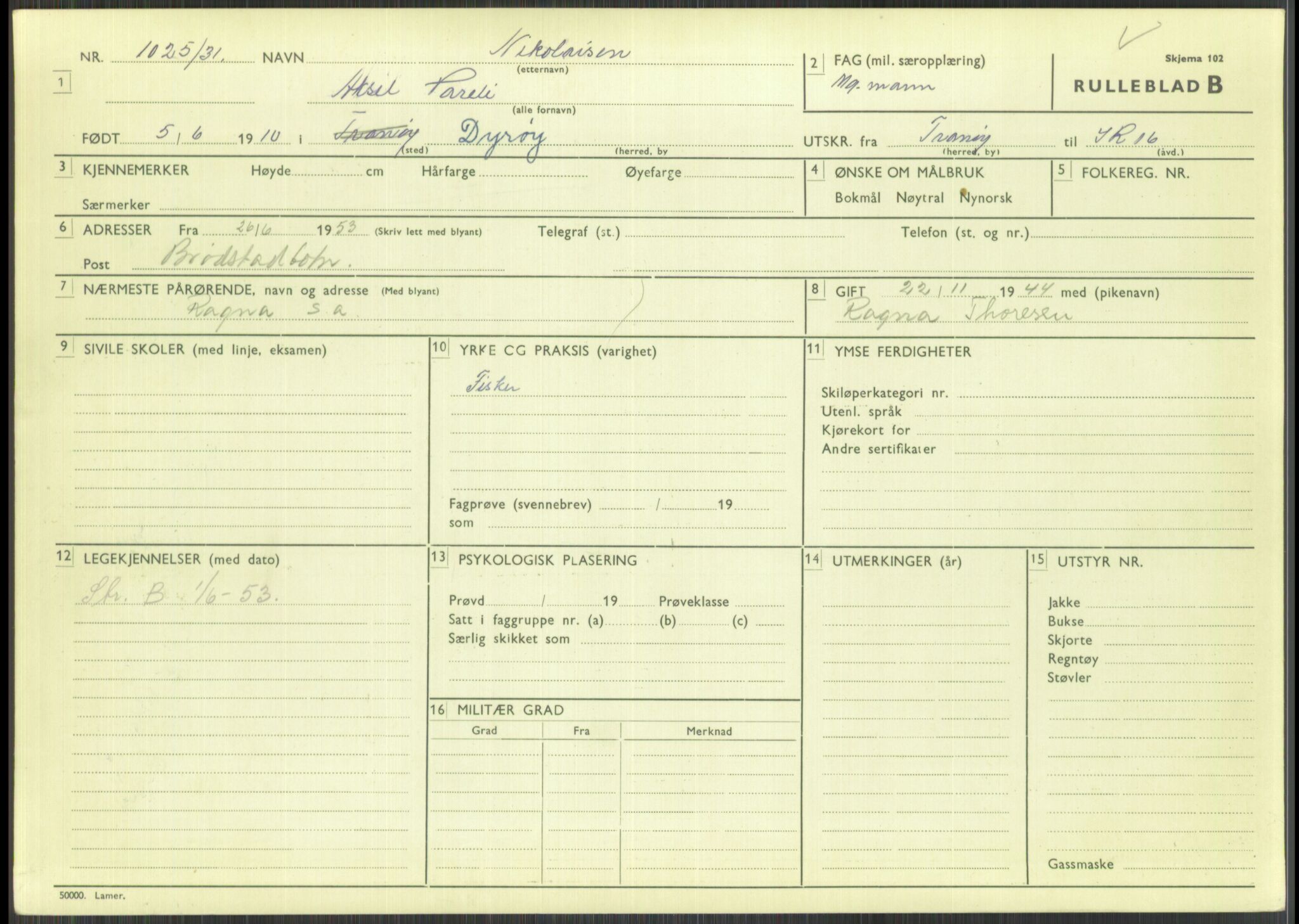 Forsvaret, Troms infanteriregiment nr. 16, AV/RA-RAFA-3146/P/Pa/L0015: Rulleblad for regimentets menige mannskaper, årsklasse 1931, 1931, p. 815