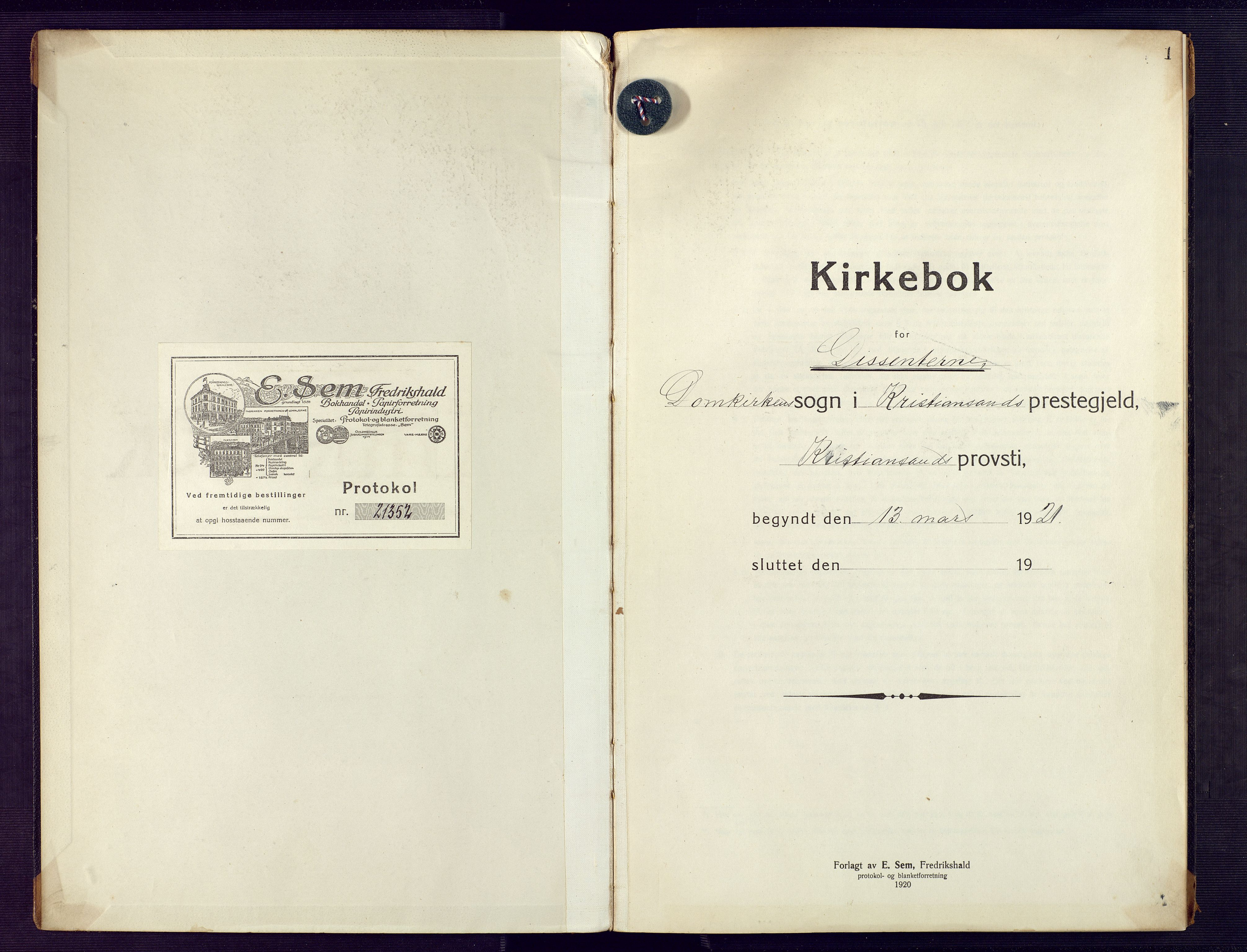 Kristiansand domprosti, SAK/1112-0006/F/Fb/L0031: Parish register (copy) no. B 31, 1921-1946, p. 1