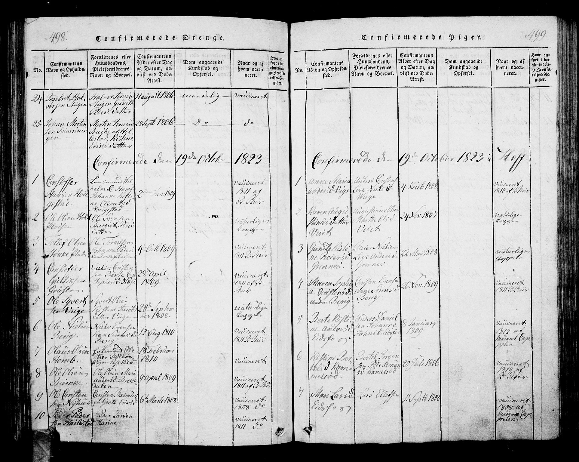 Hof kirkebøker, AV/SAKO-A-64/G/Ga/L0001: Parish register (copy) no. I 1, 1814-1844, p. 498-499