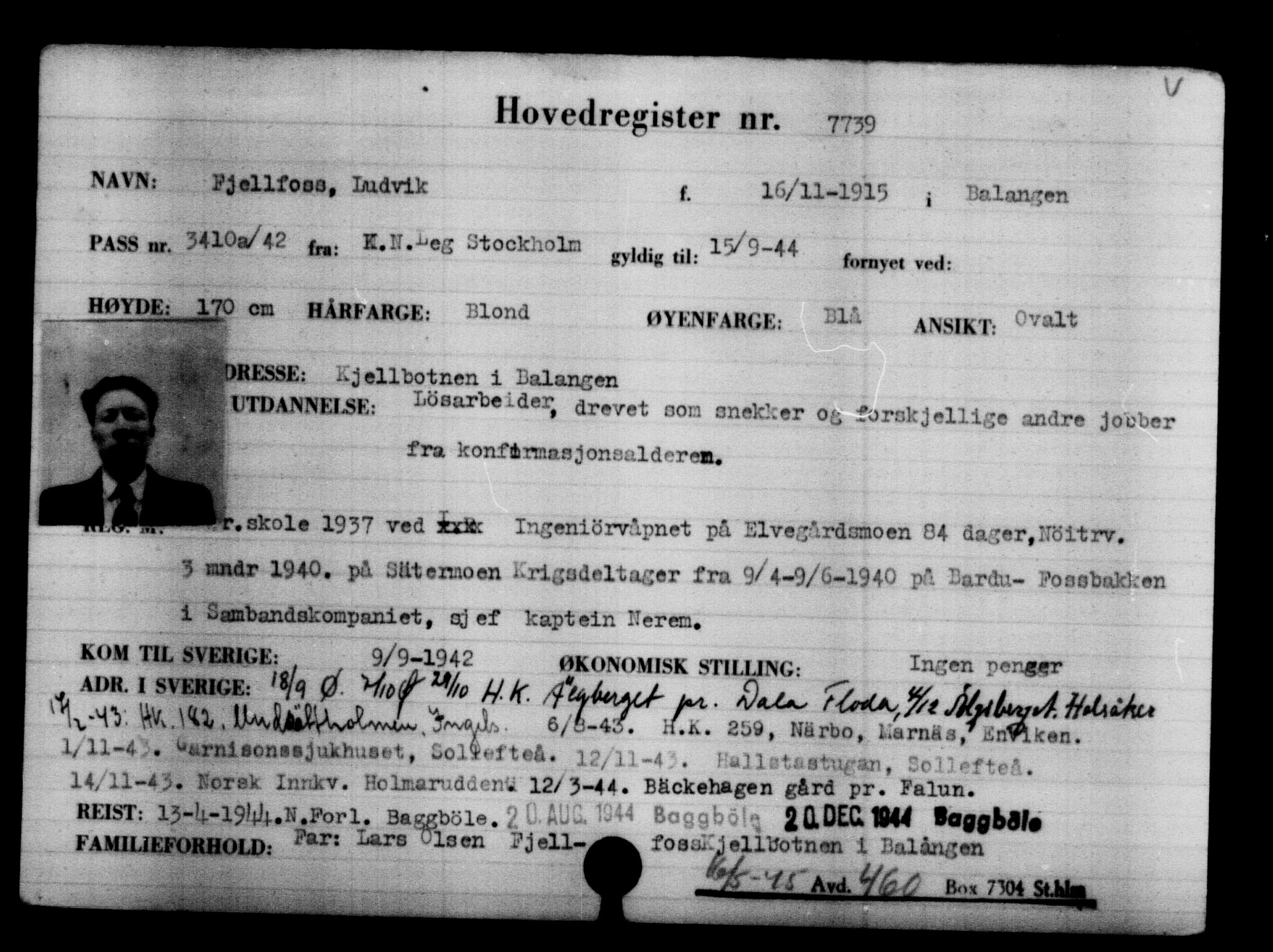 Utenriksstasjonene, Legasjonen i Stockholm, Flyktningkontoret, AV/RA-S-6753/V/Va/L0005: Kjesäterkartoteket, flyktninger med registreringsnr. 6600-9417, 1940-1945, p. 1332