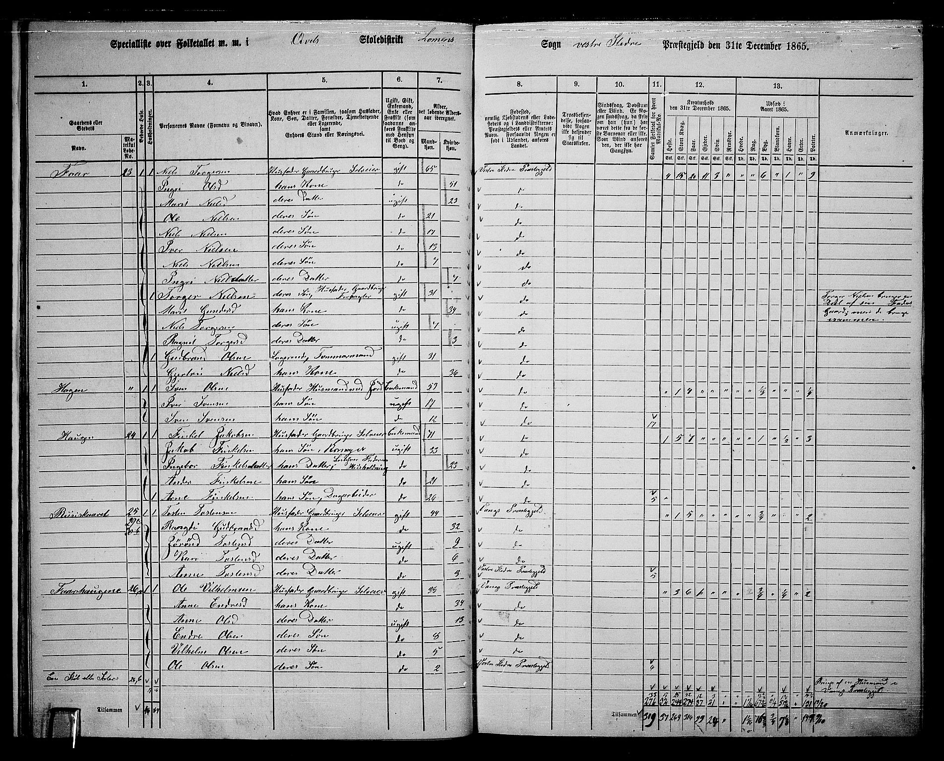 RA, 1865 census for Vestre Slidre, 1865, p. 20