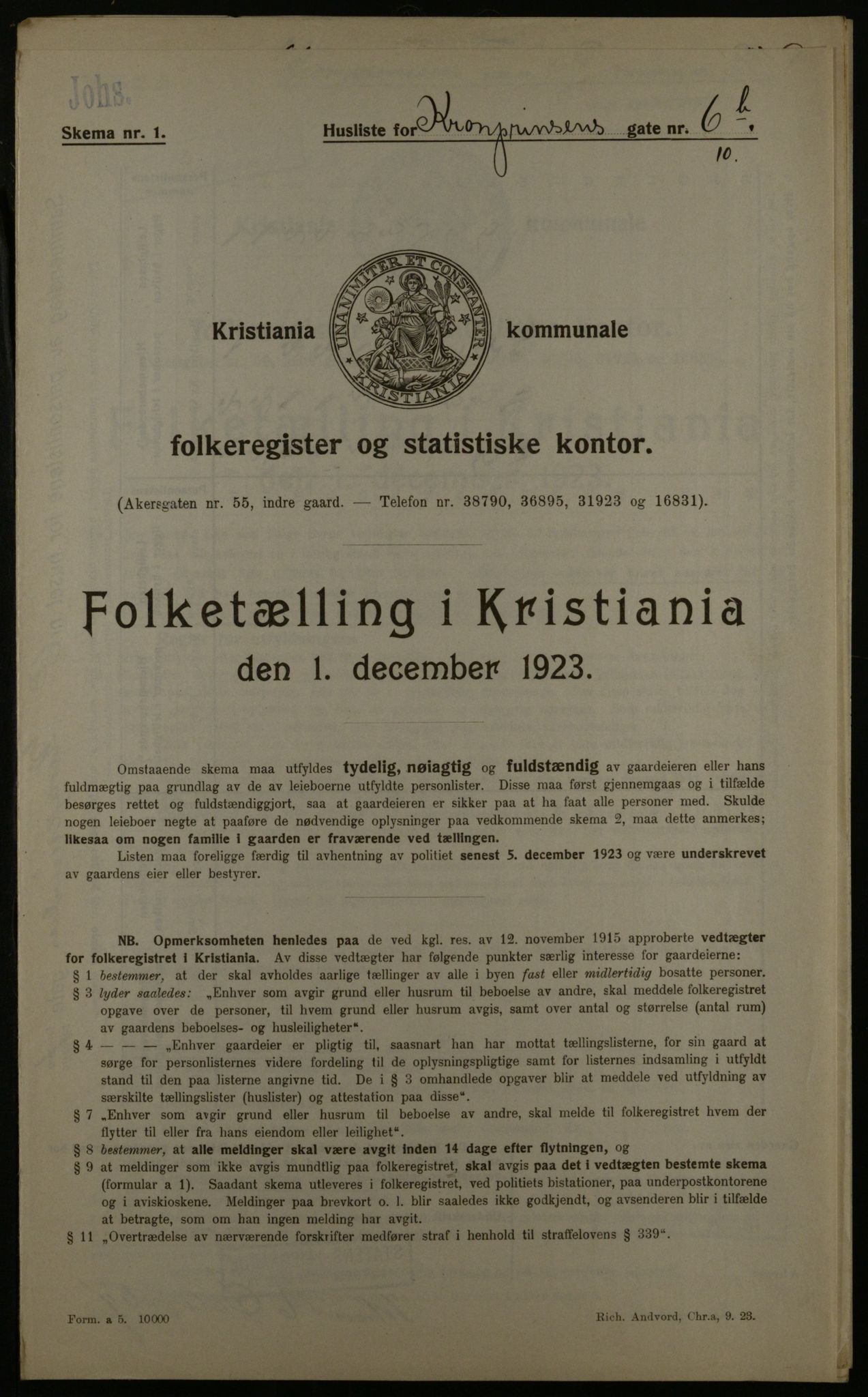 OBA, Municipal Census 1923 for Kristiania, 1923, p. 61187