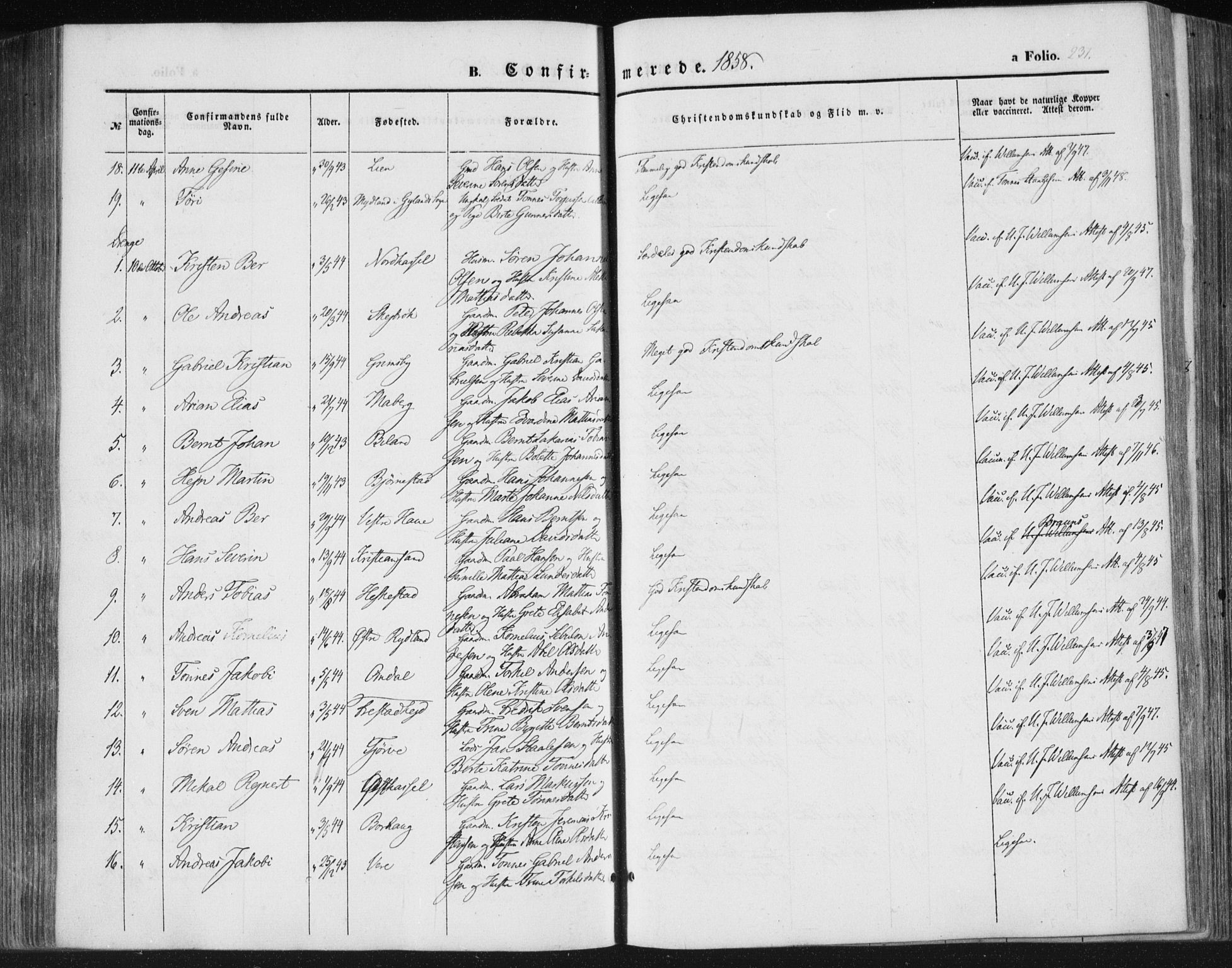 Lista sokneprestkontor, SAK/1111-0027/F/Fa/L0010: Parish register (official) no. A 10, 1846-1861, p. 231