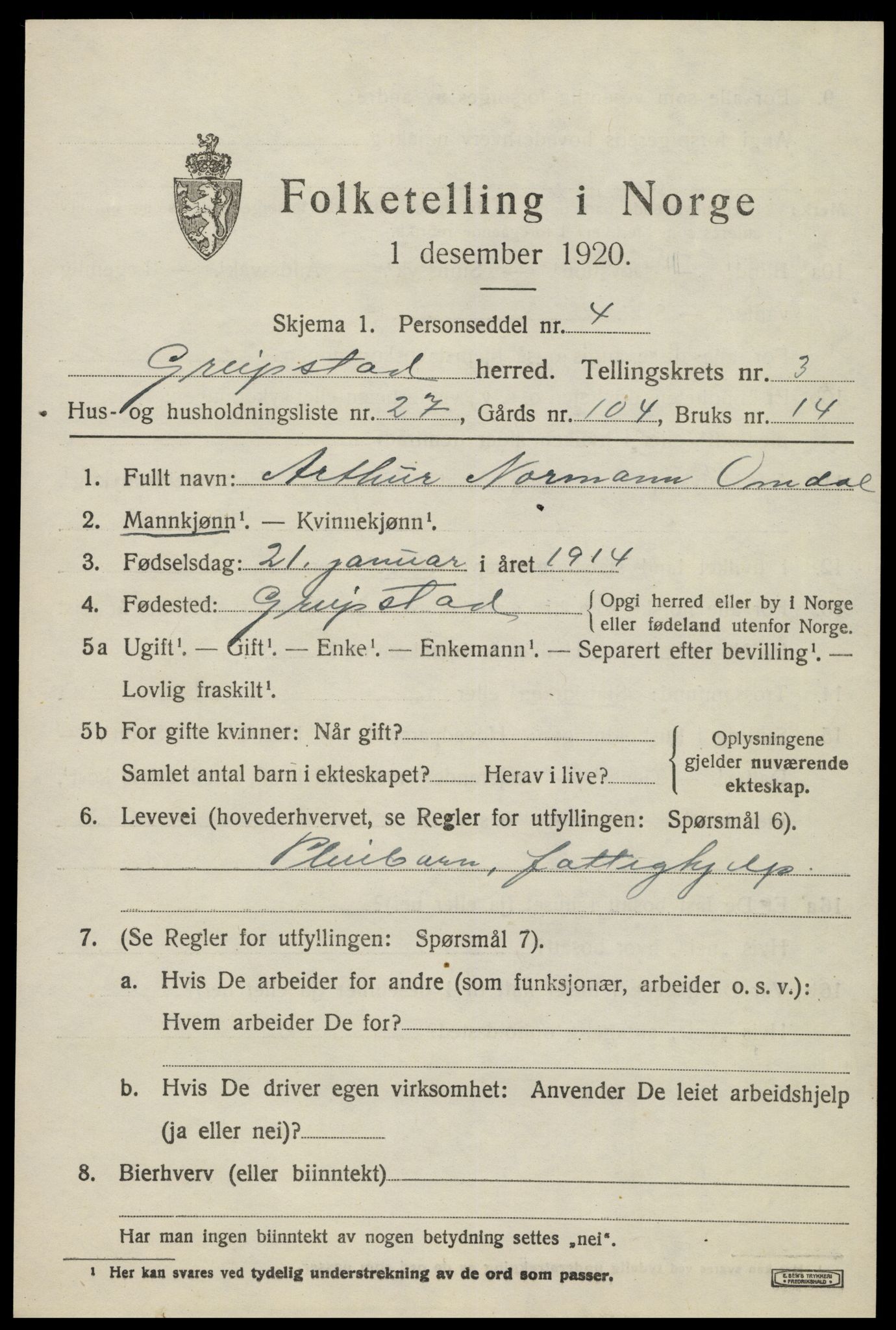 SAK, 1920 census for Greipstad, 1920, p. 1494