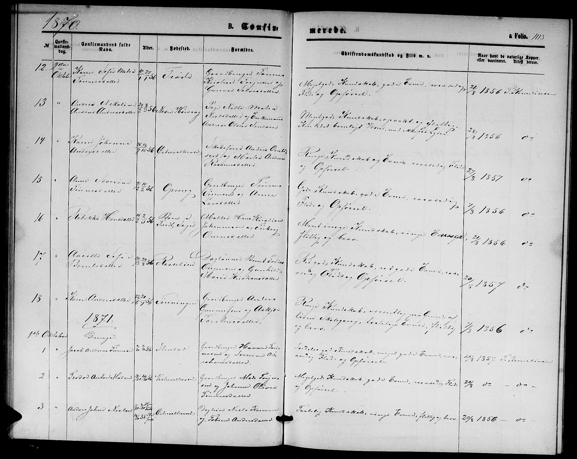 Høvåg sokneprestkontor, SAK/1111-0025/F/Fb/L0003: Parish register (copy) no. B 3, 1870-1882, p. 103