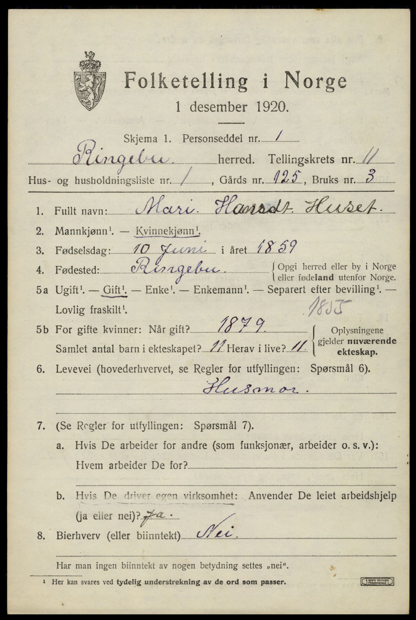 SAH, 1920 census for Ringebu, 1920, p. 10881