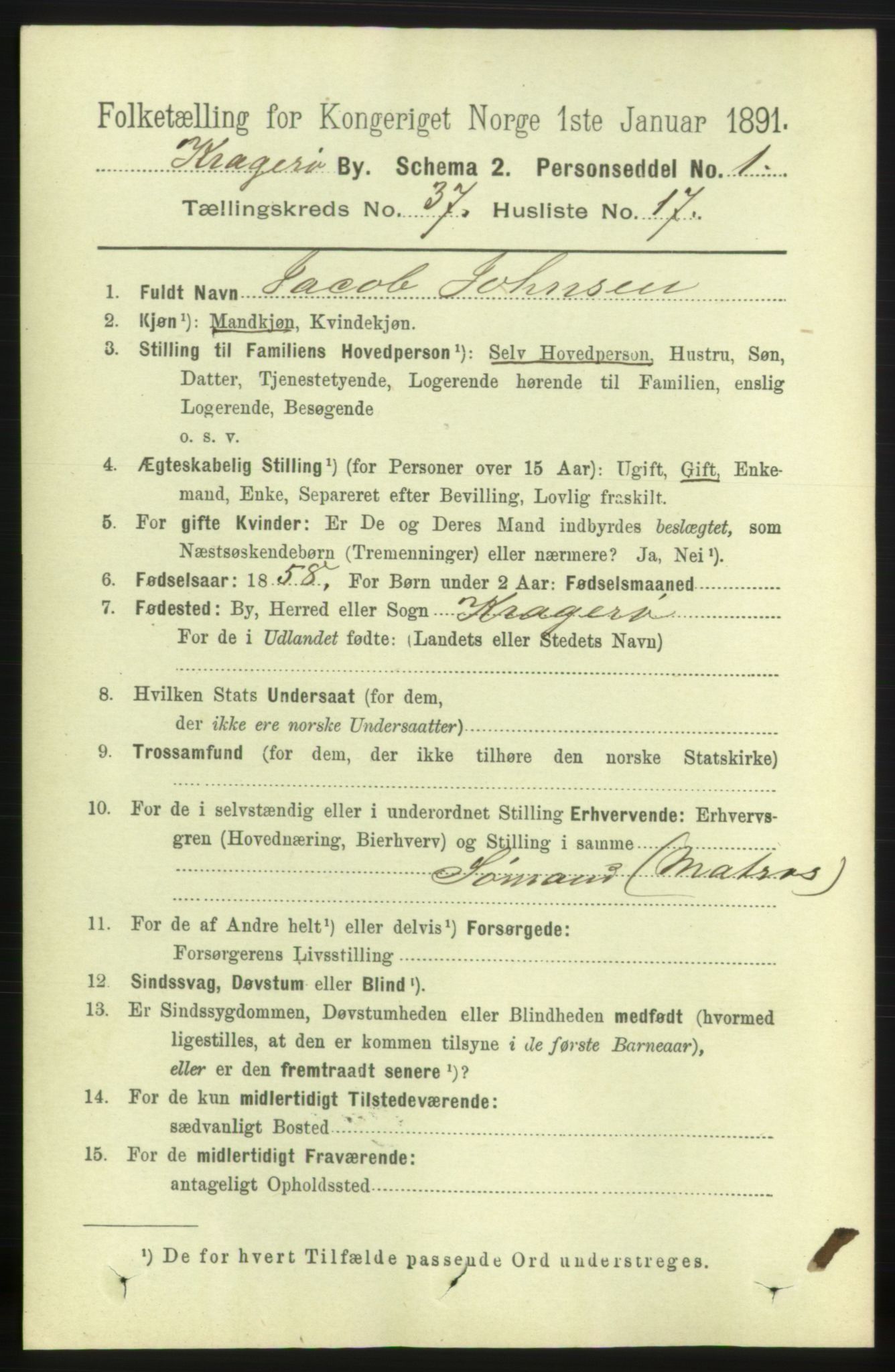 RA, 1891 census for 0801 Kragerø, 1891, p. 6862