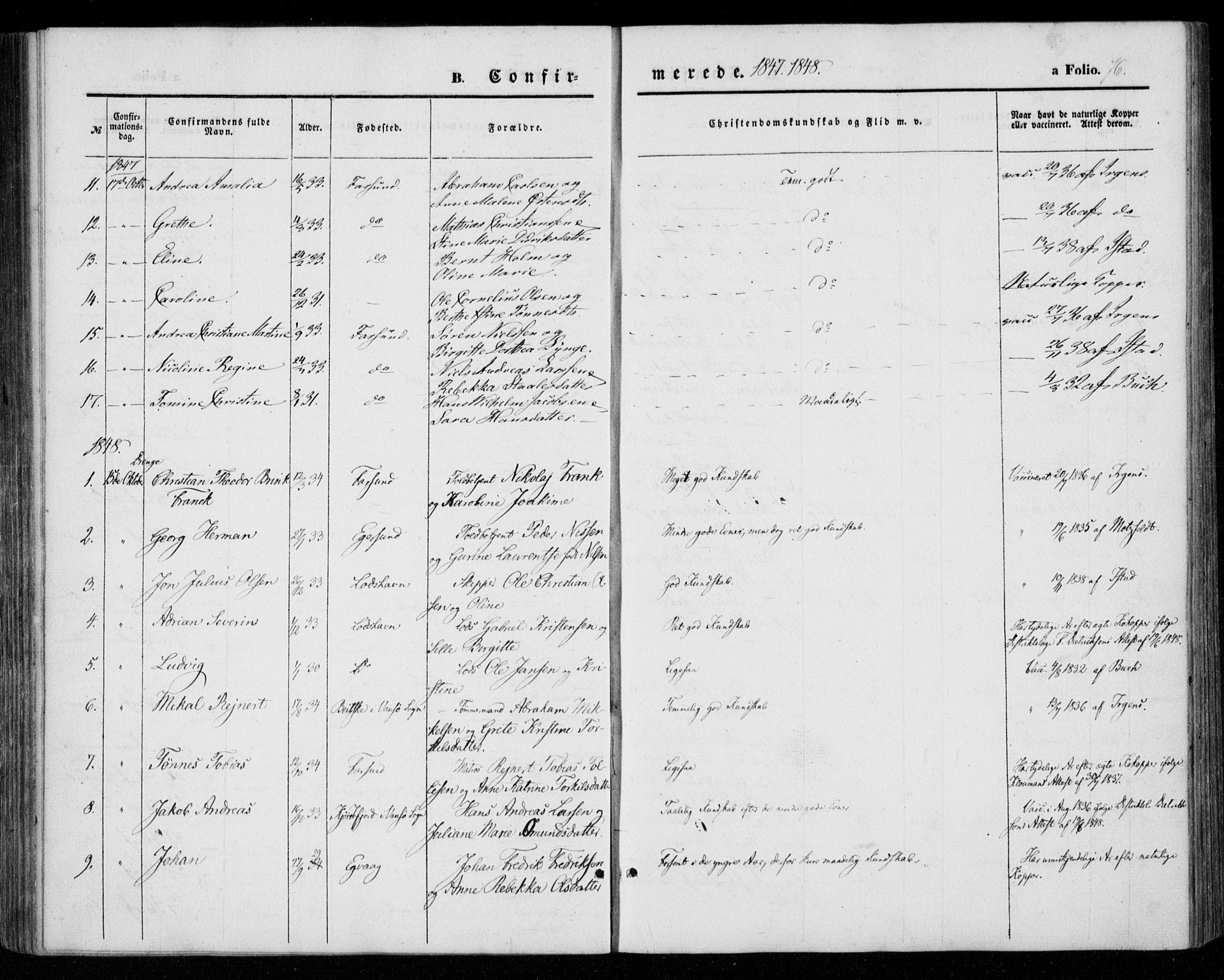 Farsund sokneprestkontor, SAK/1111-0009/F/Fa/L0004: Parish register (official) no. A 4, 1847-1863, p. 76