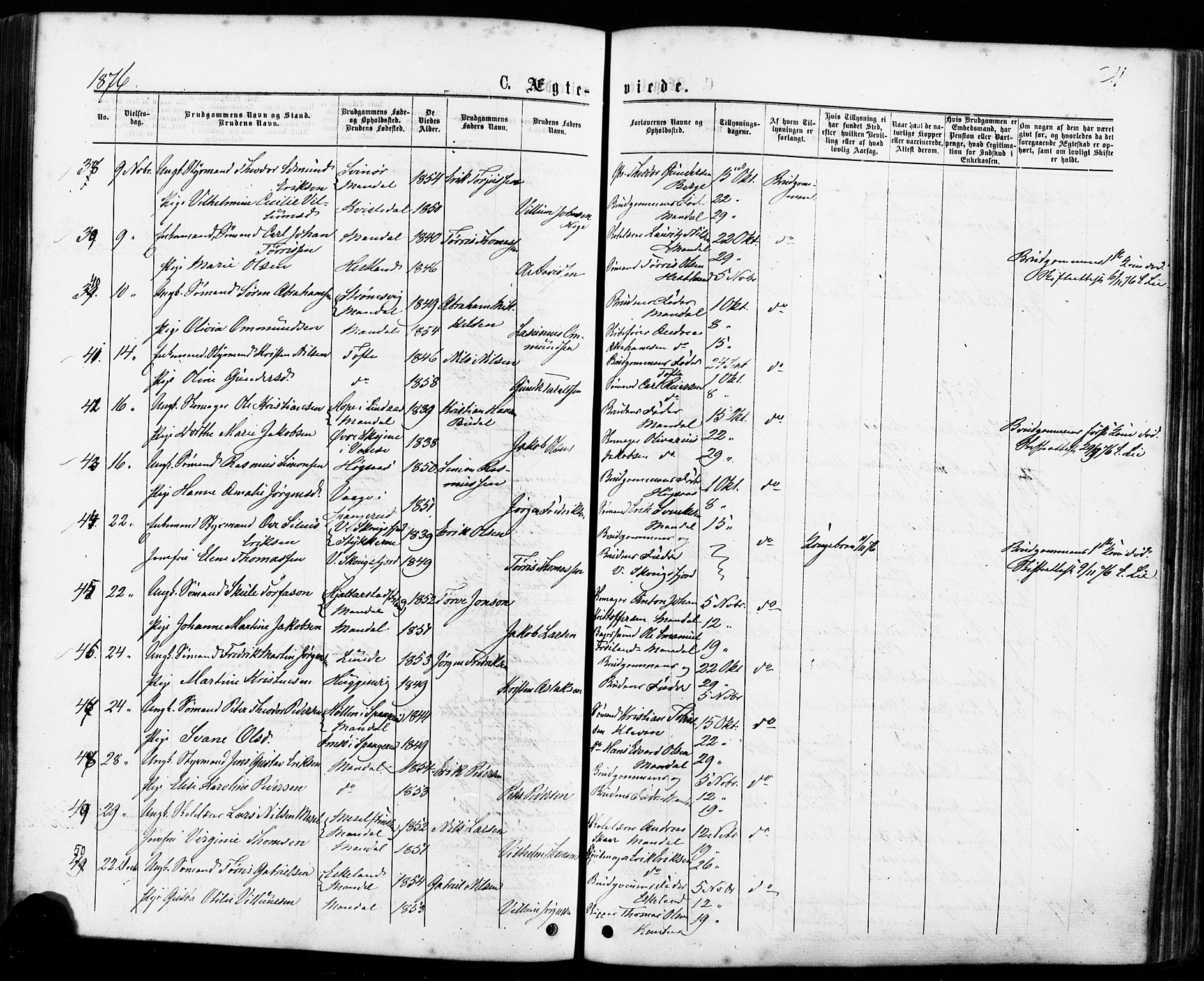 Mandal sokneprestkontor, AV/SAK-1111-0030/F/Fa/Faa/L0015: Parish register (official) no. A 15, 1873-1879, p. 211