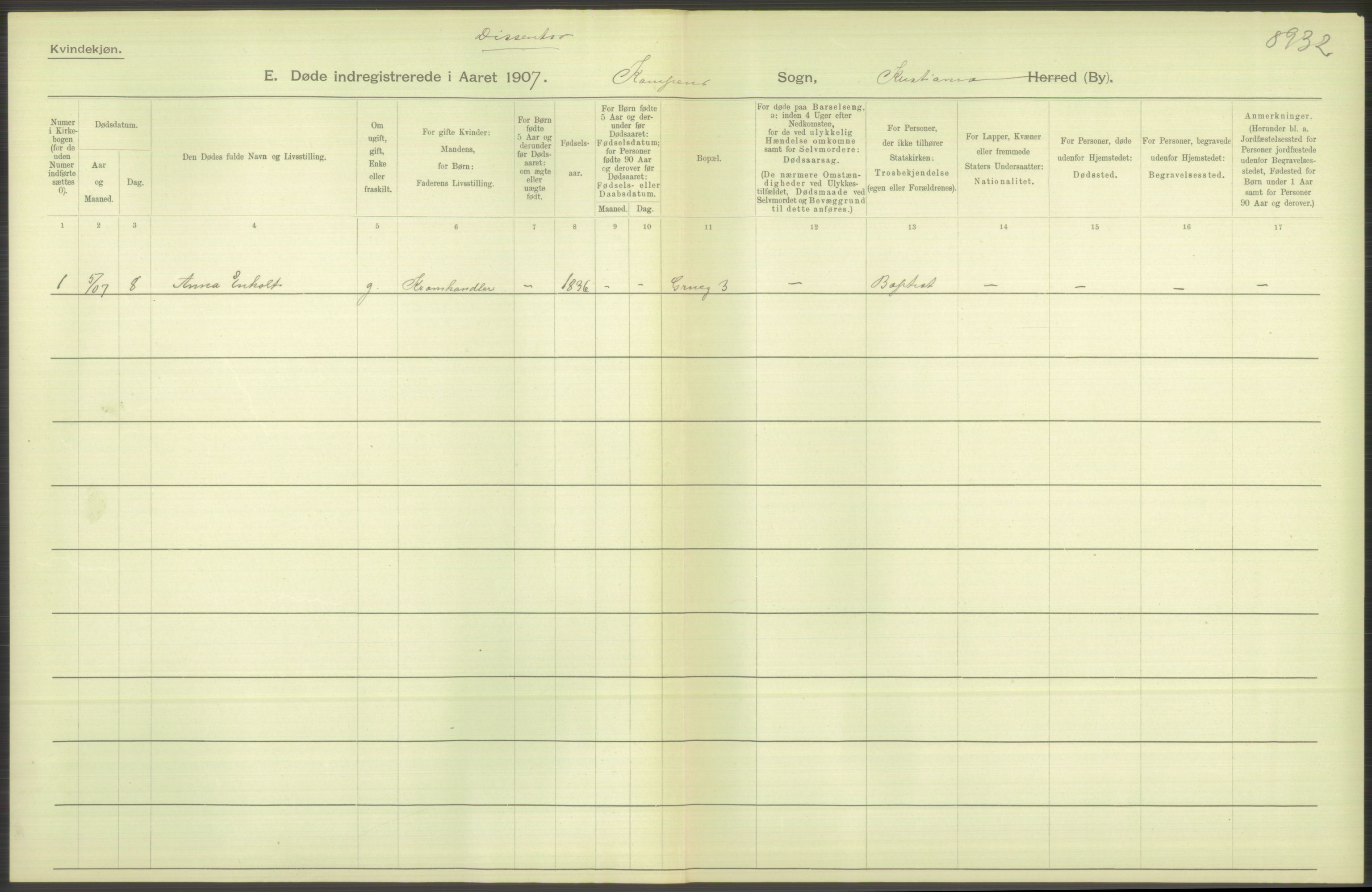 Statistisk sentralbyrå, Sosiodemografiske emner, Befolkning, RA/S-2228/D/Df/Dfa/Dfae/L0009: Kristiania: Døde, 1907, p. 462