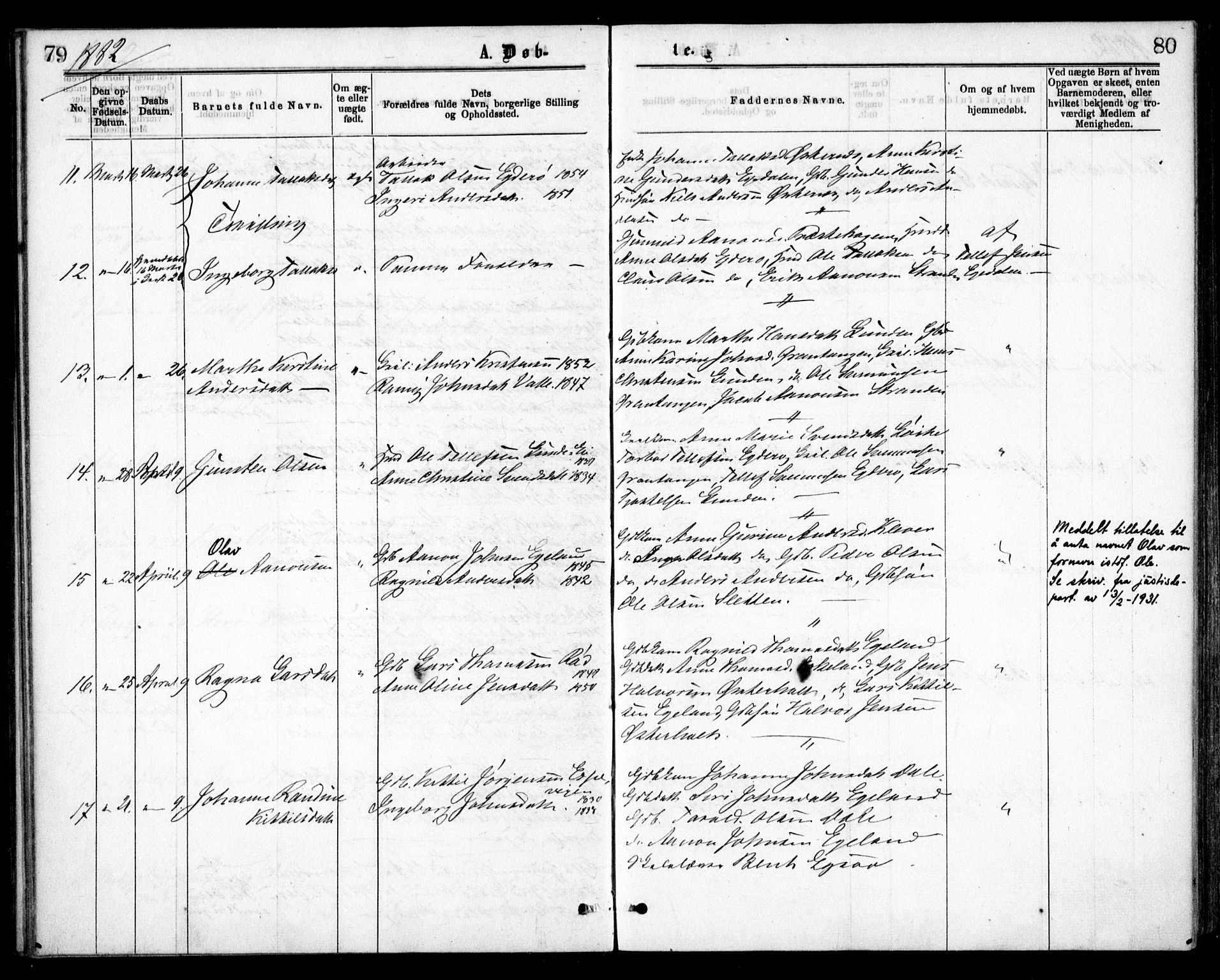 Gjerstad sokneprestkontor, AV/SAK-1111-0014/F/Fa/Faa/L0008: Parish register (official) no. A 8, 1876-1884, p. 79-80