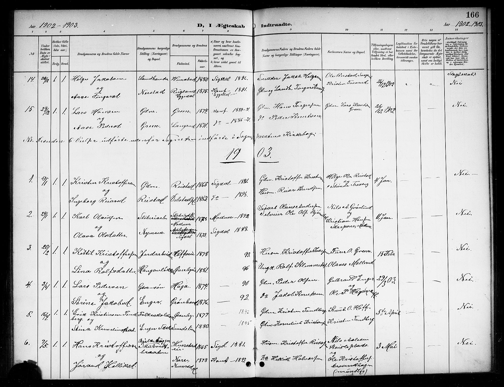 Sigdal kirkebøker, SAKO/A-245/G/Ga/L0006: Parish register (copy) no. I 6, 1901-1916, p. 166