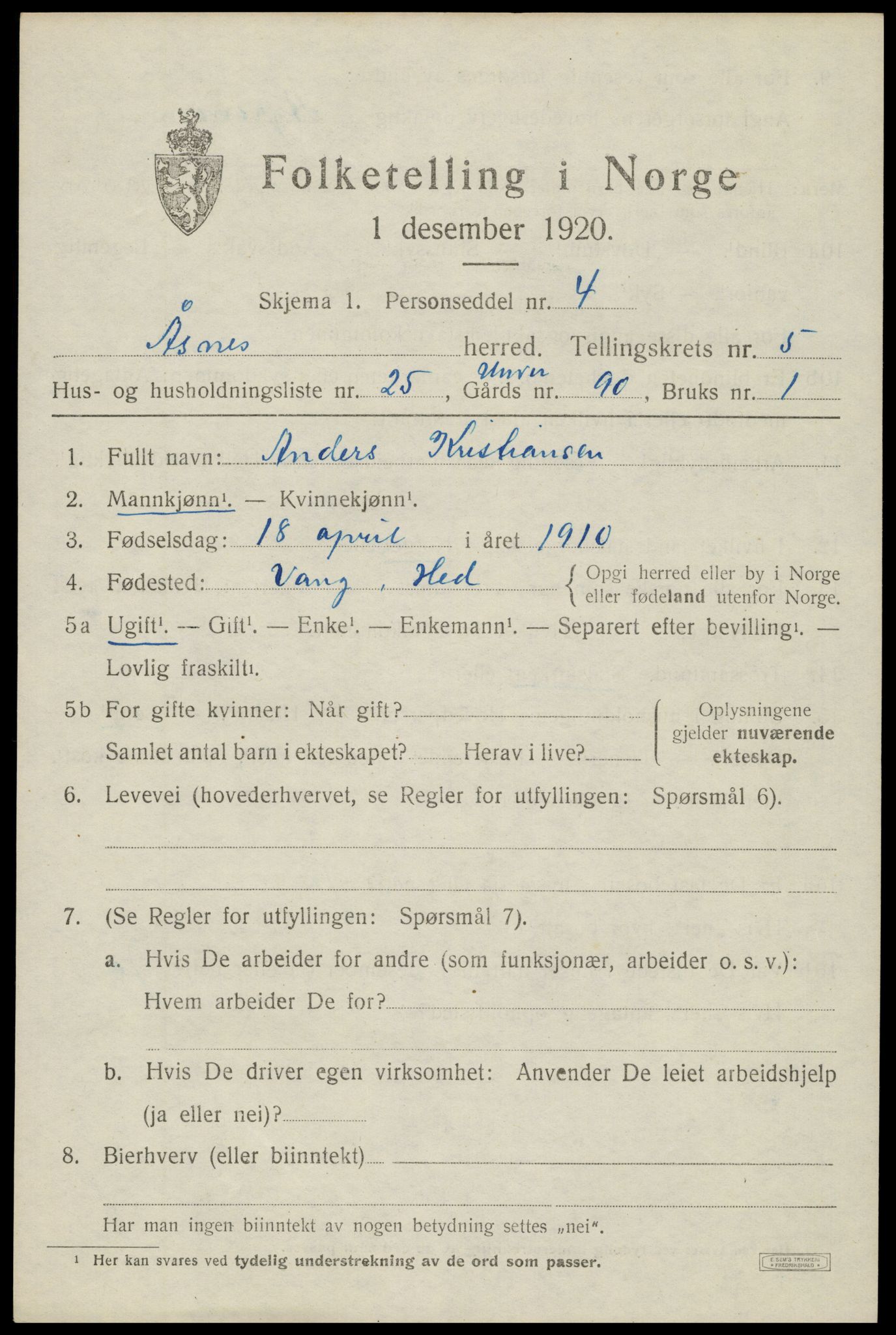 SAH, 1920 census for Åsnes, 1920, p. 6956