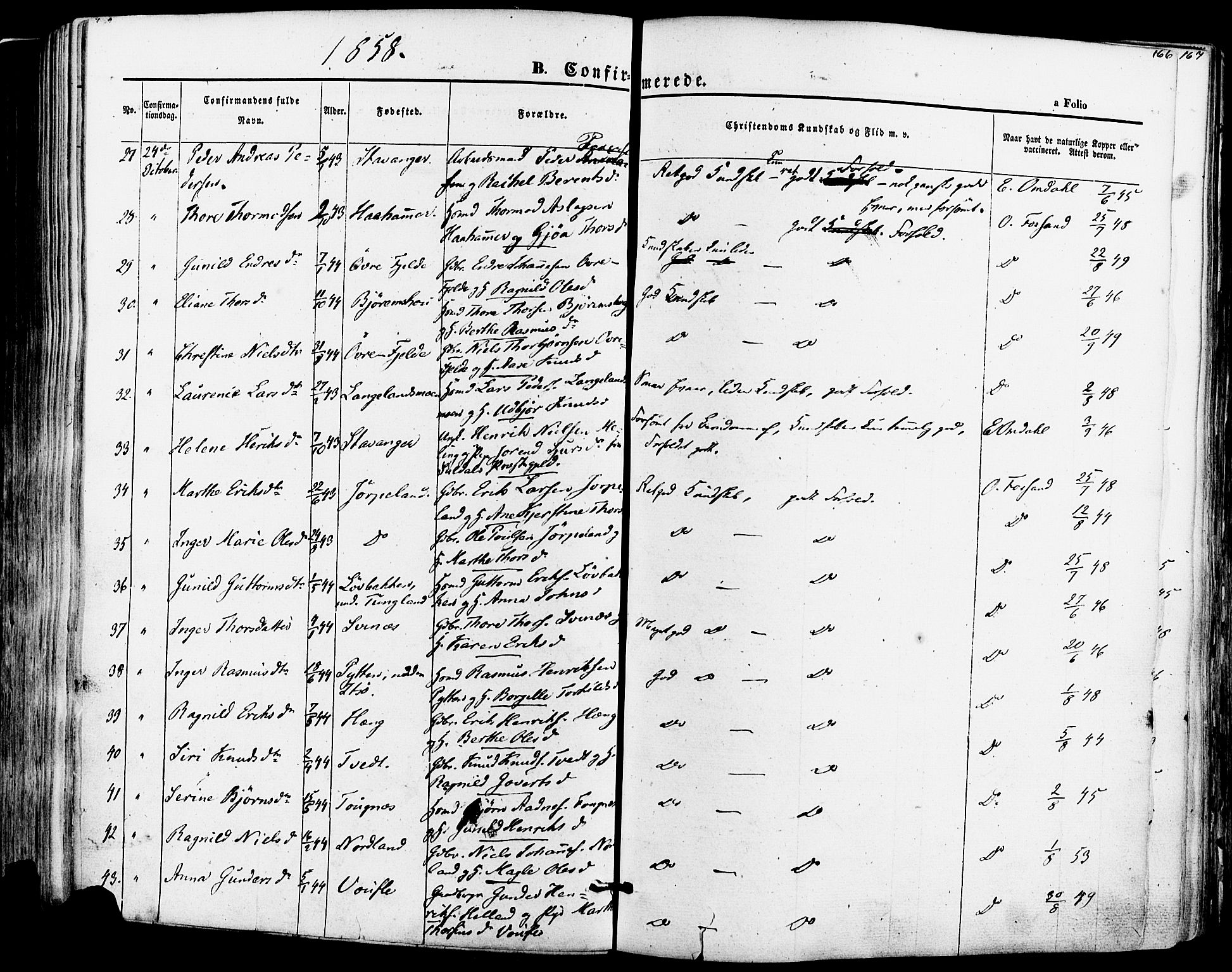 Strand sokneprestkontor, AV/SAST-A-101828/H/Ha/Haa/L0007: Parish register (official) no. A 7, 1855-1881, p. 166