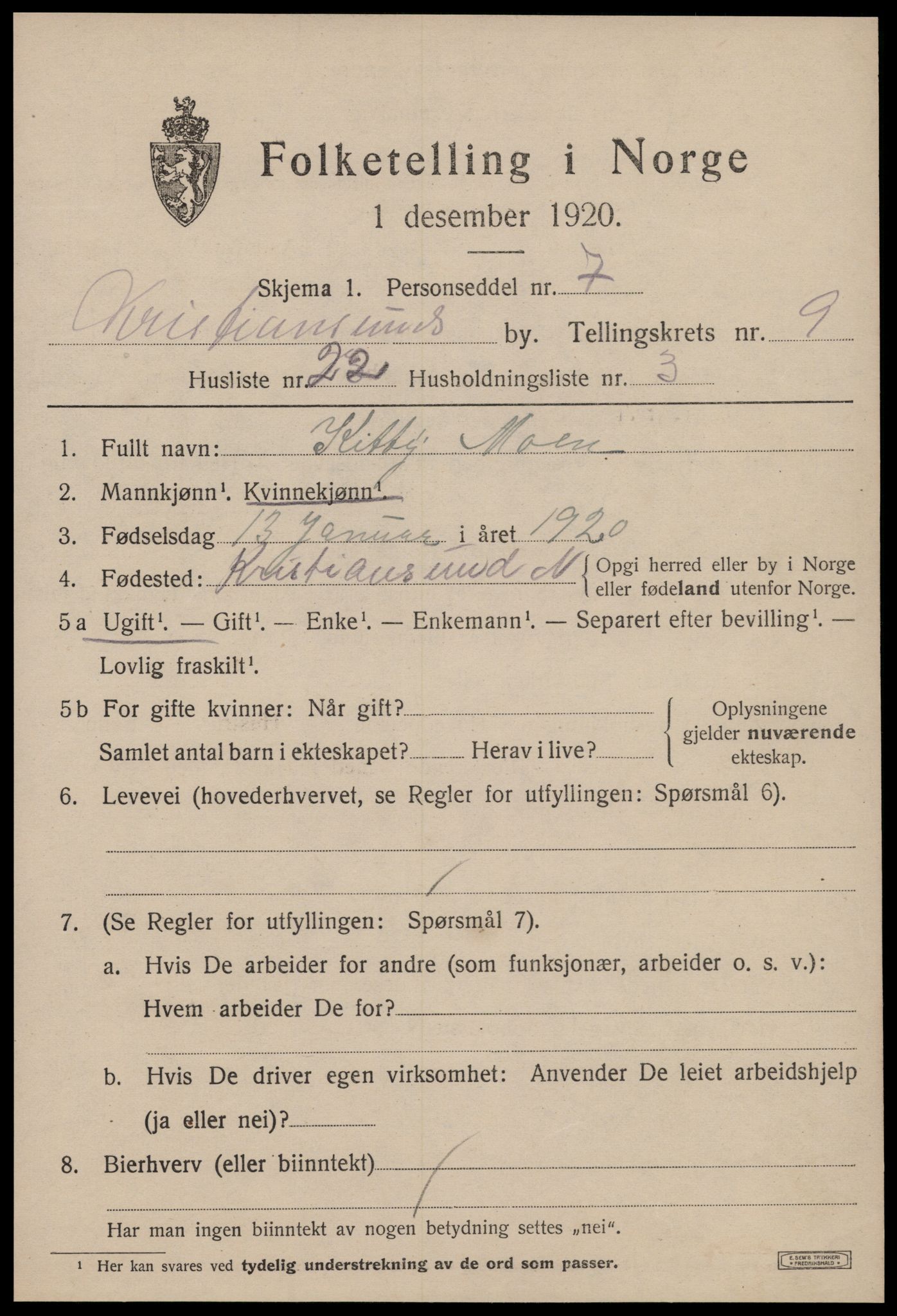 SAT, 1920 census for Kristiansund, 1920, p. 22081