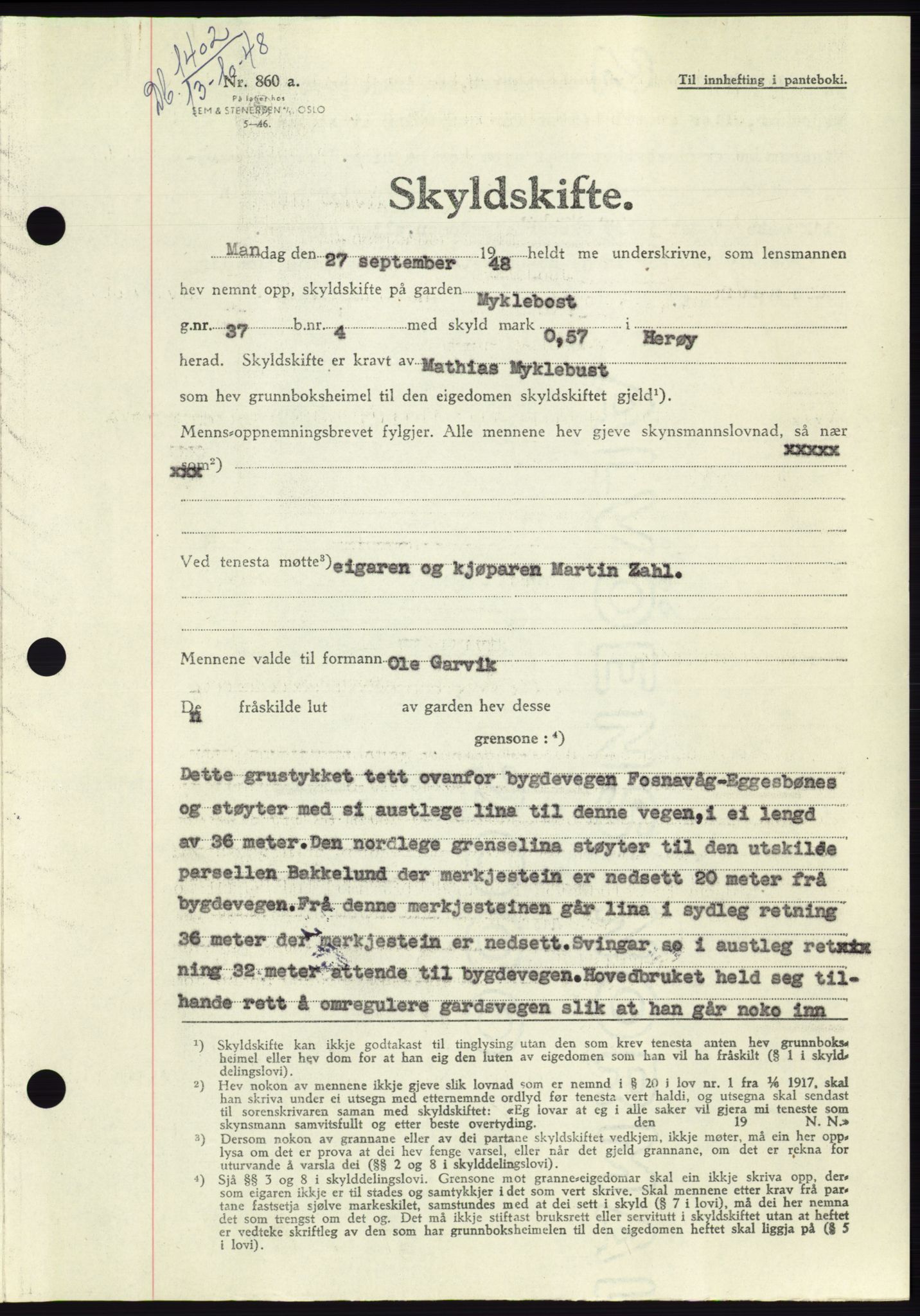 Søre Sunnmøre sorenskriveri, AV/SAT-A-4122/1/2/2C/L0083: Mortgage book no. 9A, 1948-1949, Diary no: : 1402/1948