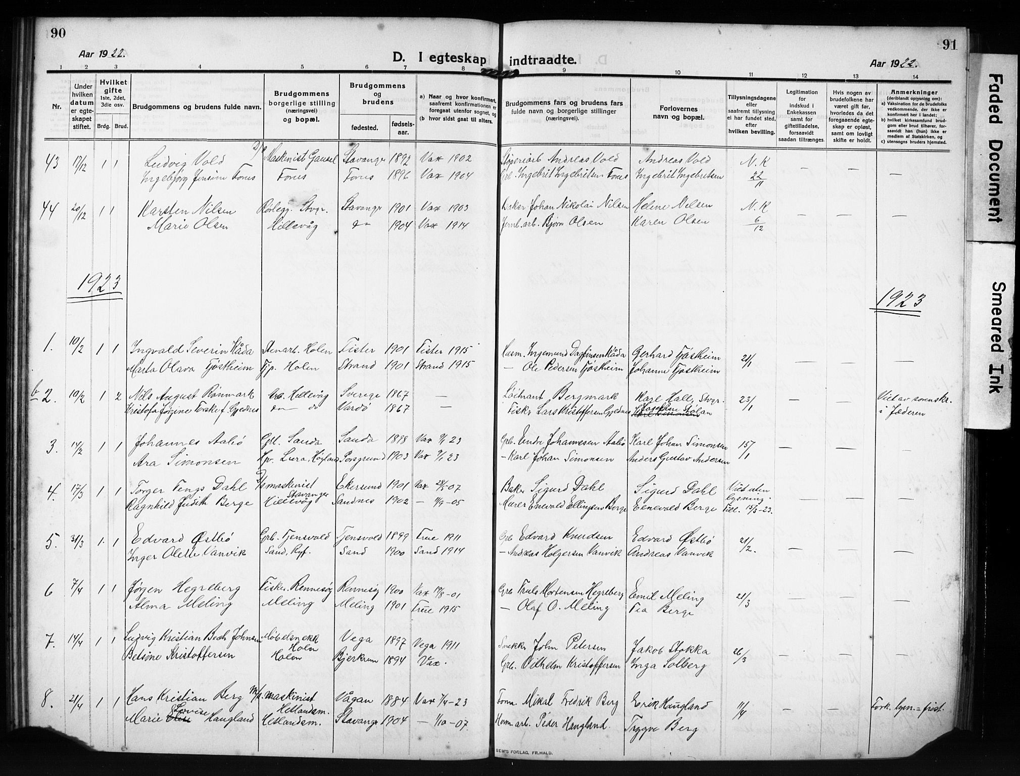 Hetland sokneprestkontor, SAST/A-101826/30/30BB/L0009: Parish register (copy) no. B 9, 1910-1931, p. 90-91