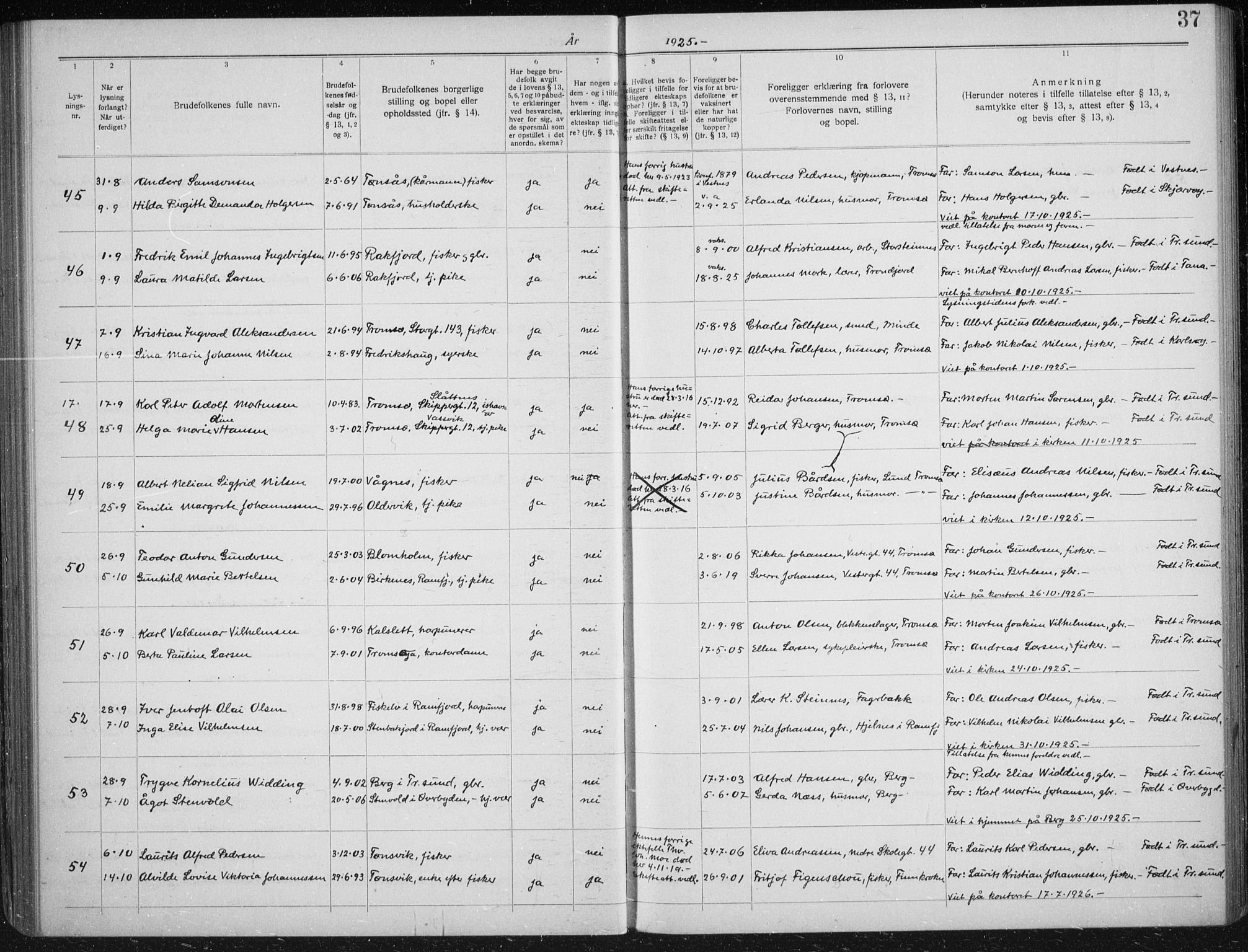 Tromsøysund sokneprestkontor, AV/SATØ-S-1304/H/Hc/L0059: Banns register no. 59, 1919-1937, p. 37